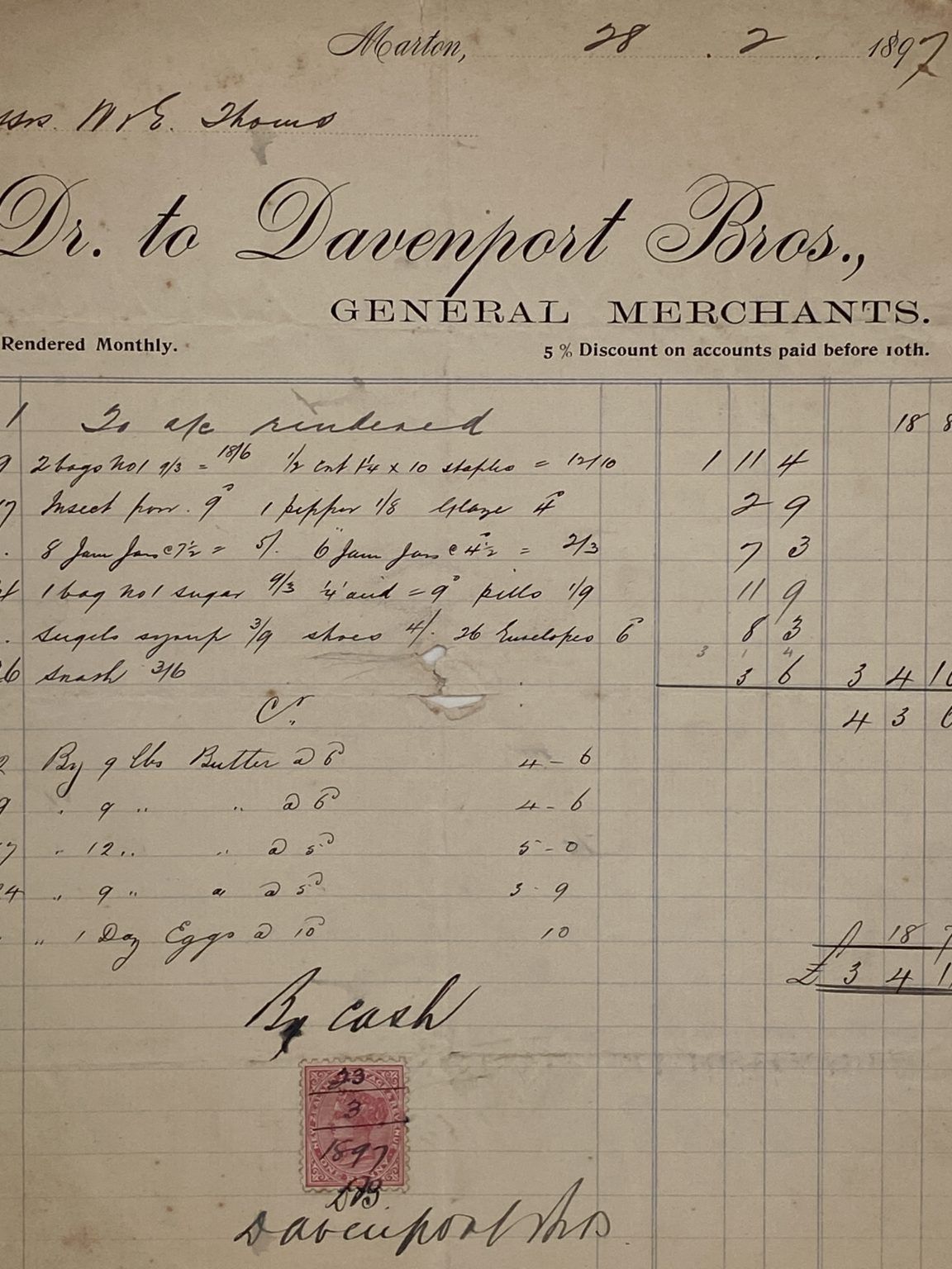 ANTIQUE INVOICE: Davenport Bros, Marton – General Merchants 1897