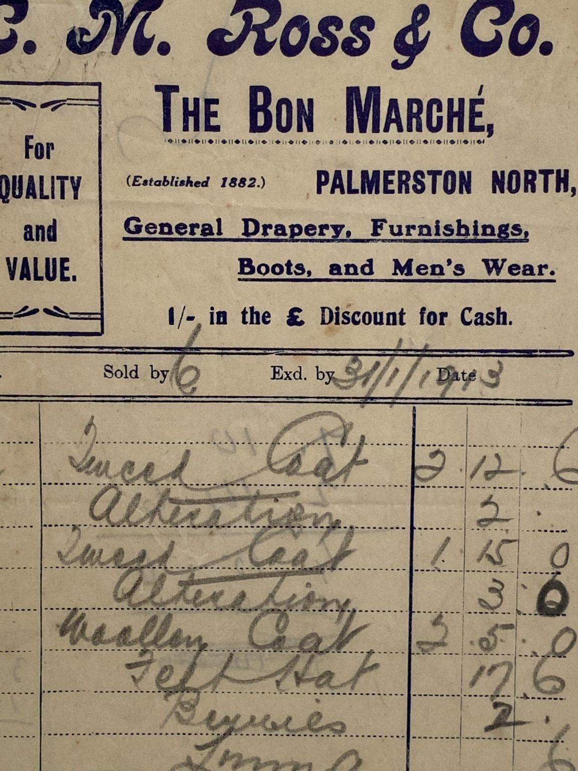 ANTIQUE INVOICE: C.M. Ross & Co, Palmerston North – General Drapery 1913