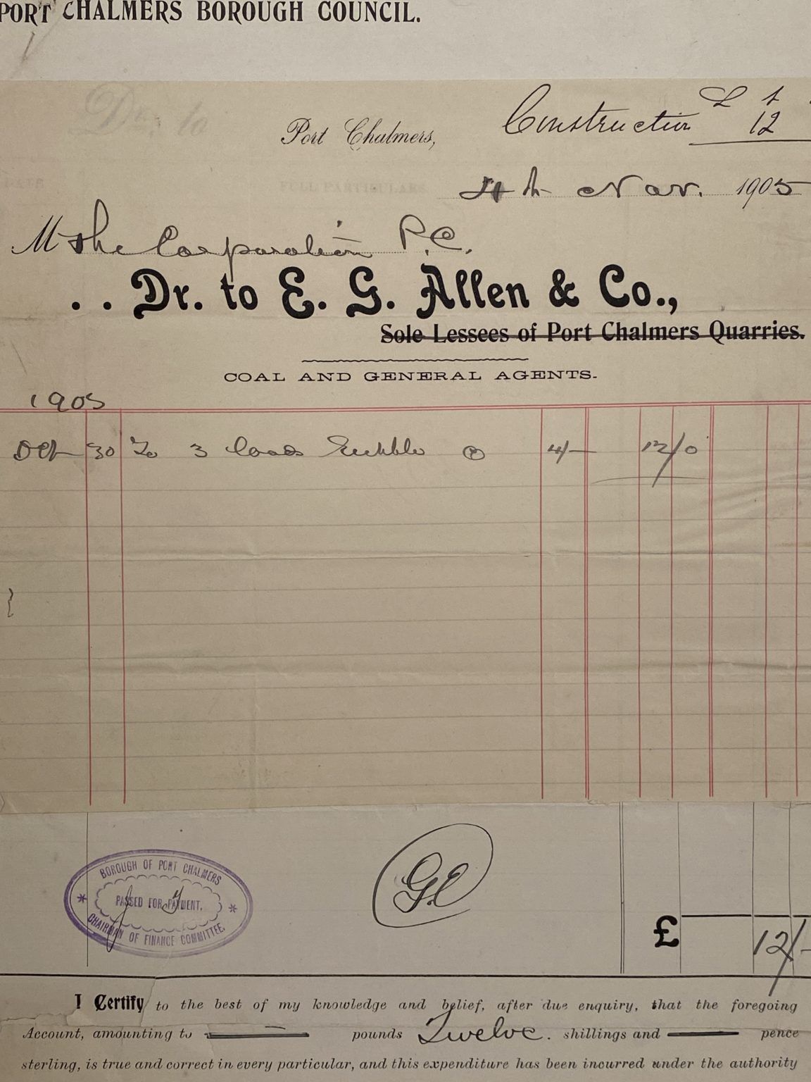 ANTIQUE INVOICE / RECEIPT: E.G. Allen & Co. Port Chalmers - Coal & Agents 1905