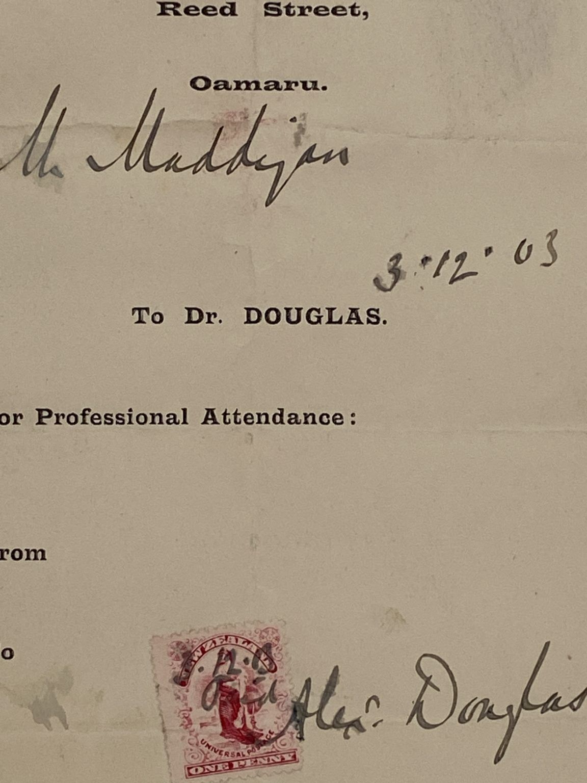 ANTIQUE INVOICE / RECEIPT: Dr. Douglas, Reed Street Oamaru 1903