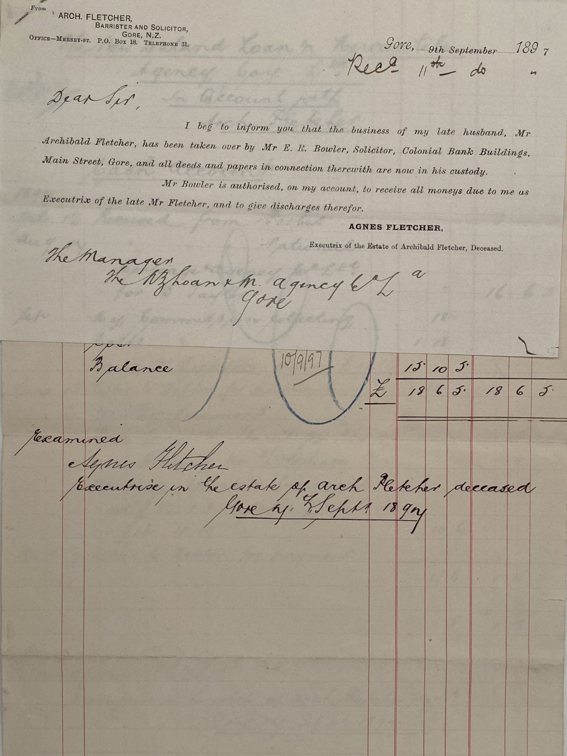 ANTIQUE INVOICE / RECEIPT: Arch. Fletcher, Gore – Barrister and Solicitor 1897