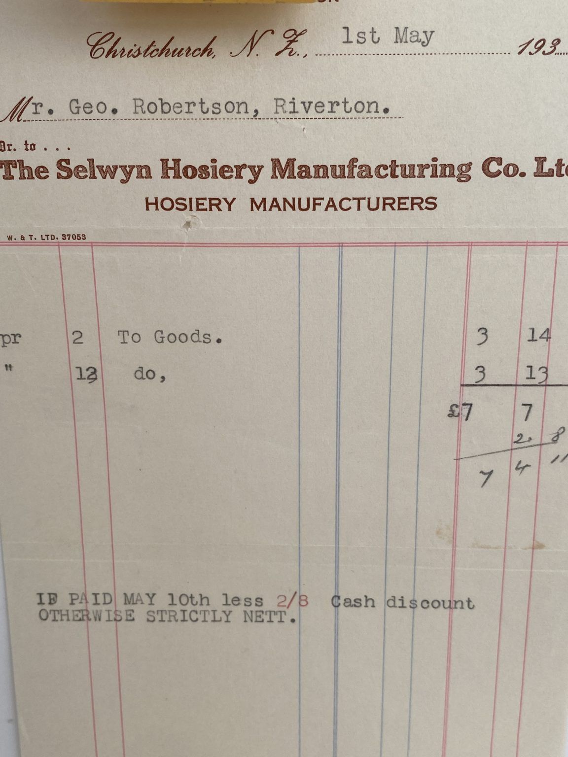 VINTAGE INVOICE: The Selwyn Hosiery Manufacturing Co. Ltd 1935