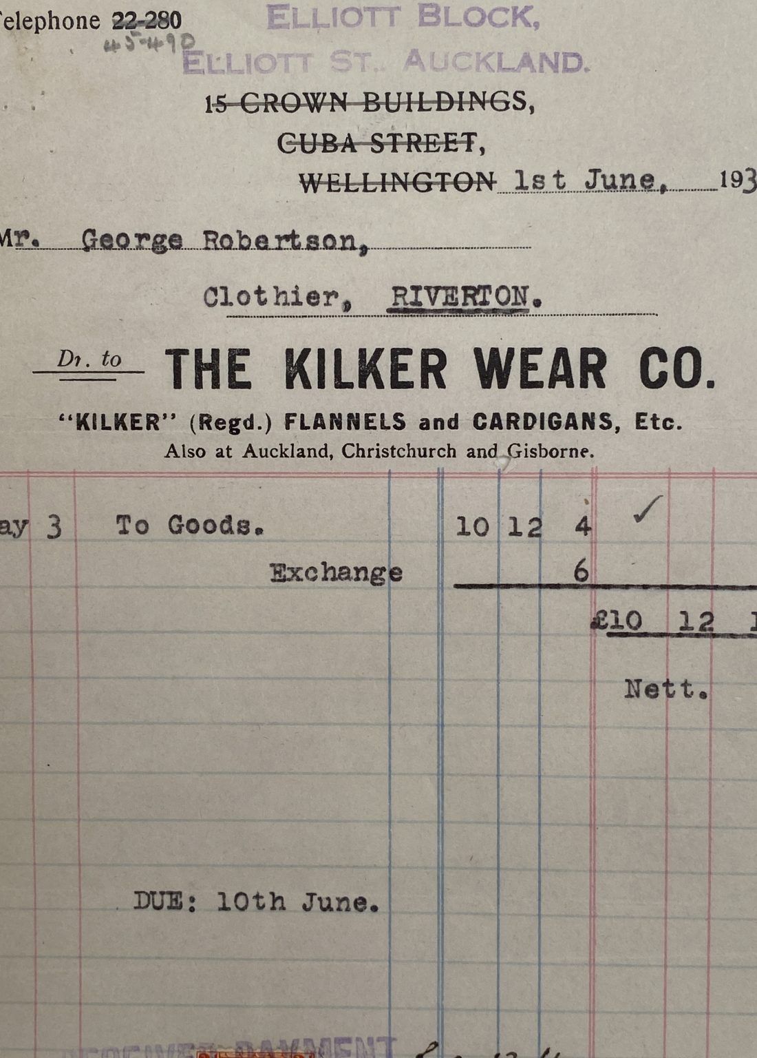 VINTAGE INVOICE: The Kilker Wear Co, Auckland 1935