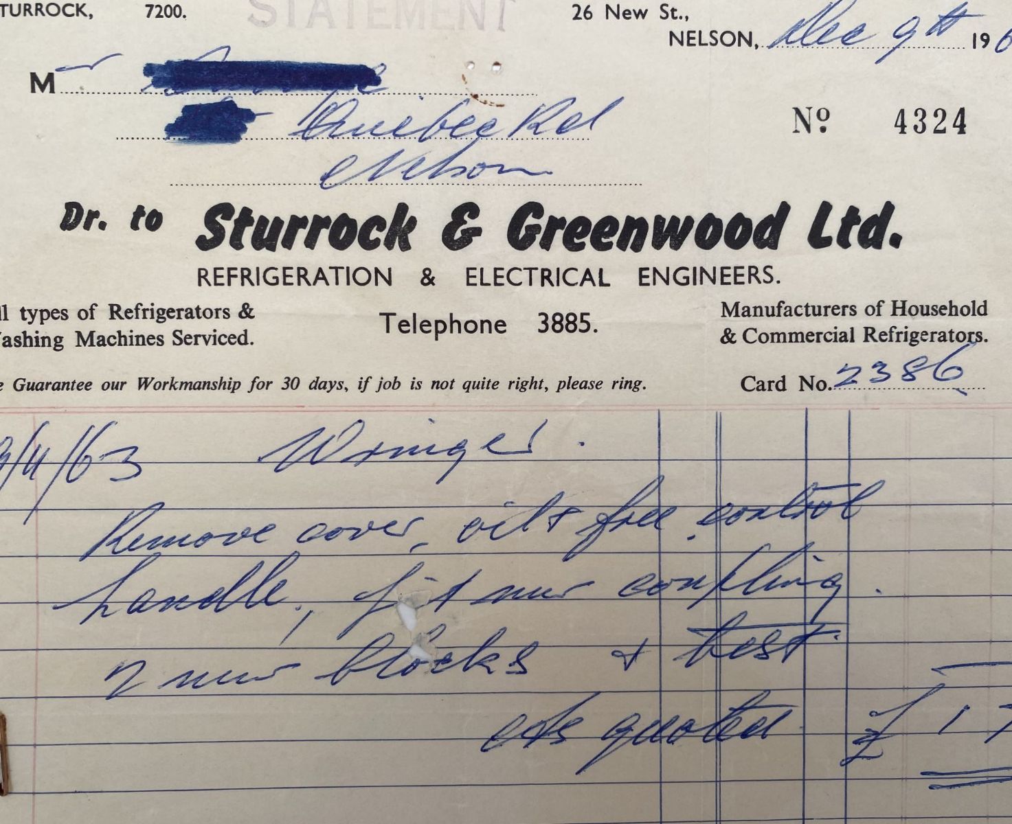 VINTAGE INVOICE: Sturrock & Greenwood Ltd. Nelson - Electrical Engineers 1963