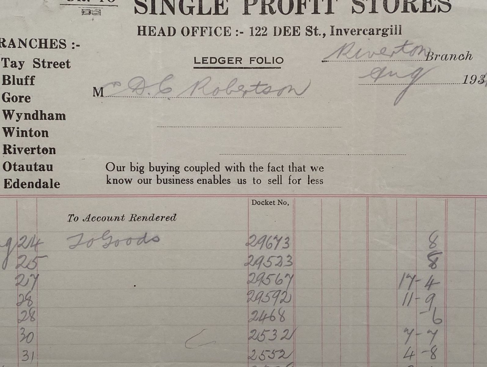 VINTAGE INVOICE: Single Profit Stores, Invercargill 1934