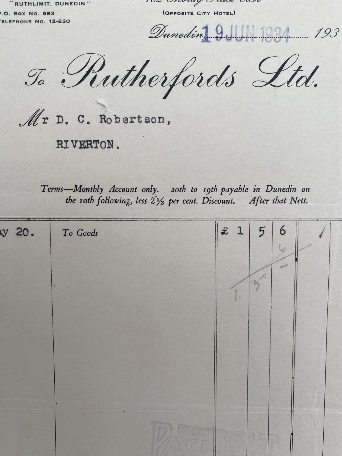 VINTAGE INVOICE: Rutherfords Ltd, Dunedin 1934