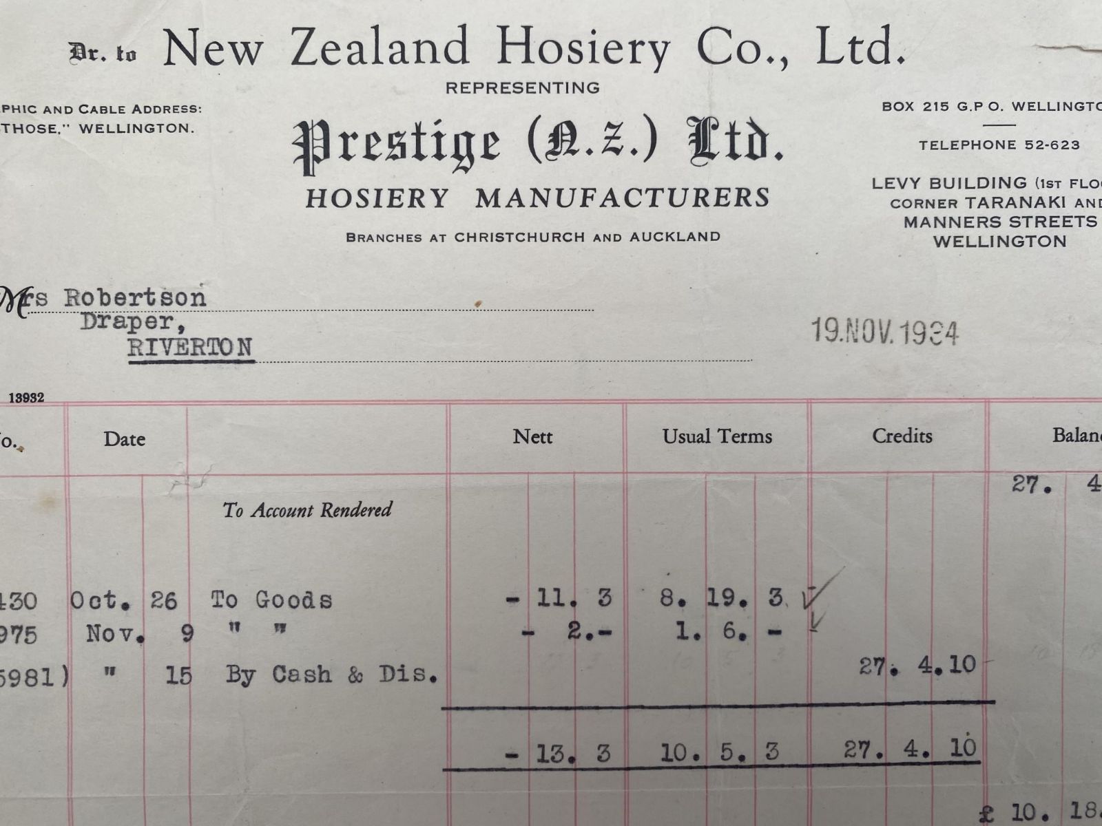 VINTAGE INVOICE: New Zealand Hosiery Co. Ltd, Wellington 1934