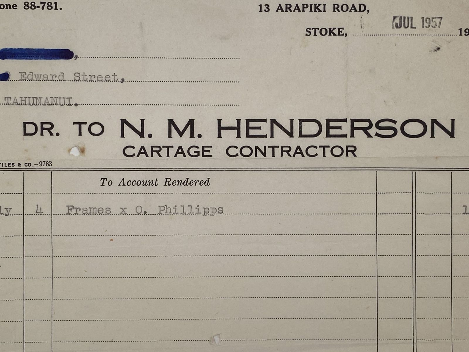 VINTAGE INVOICE: N. M. Henderson - Cartage Contractor 1957