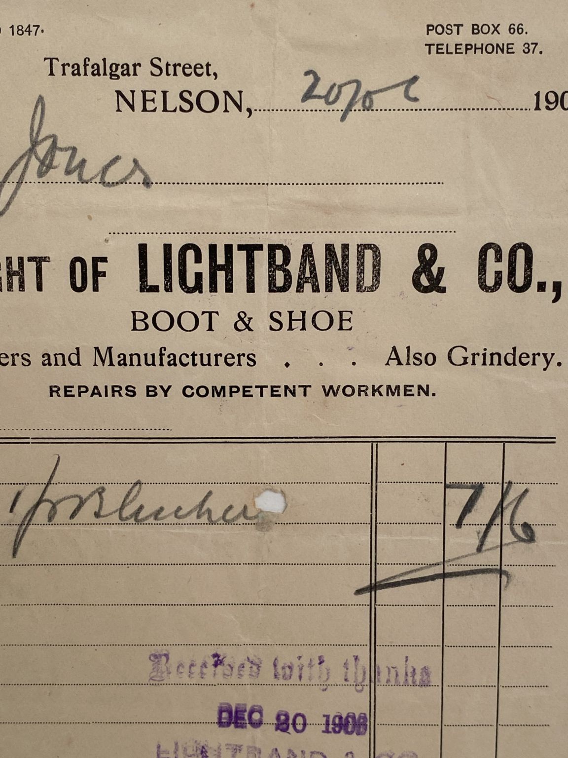 VINTAGE INVOICE: Lightband & Co. Nelson – Boot & Shoe Importers 1900s