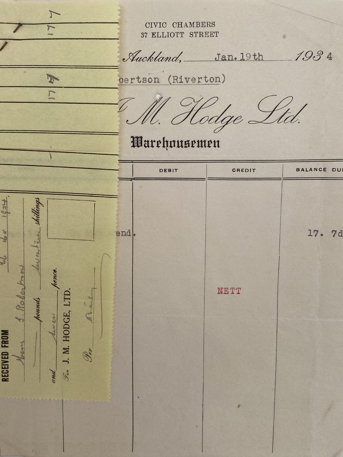 VINTAGE INVOICE: J. M. Hodge Ltd, Auckland - Warehousemen 1934