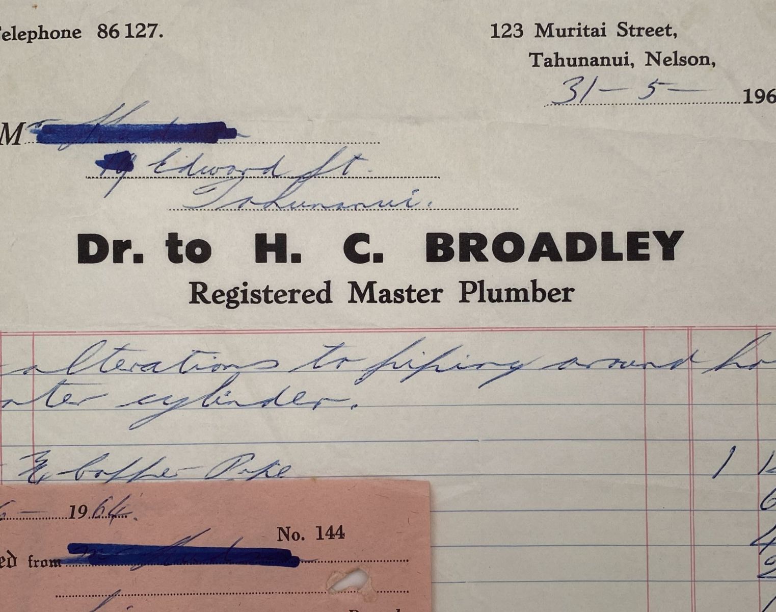 VINTAGE INVOICE: H.C. Broadley, Nelson - Registered Master Plumber 1964