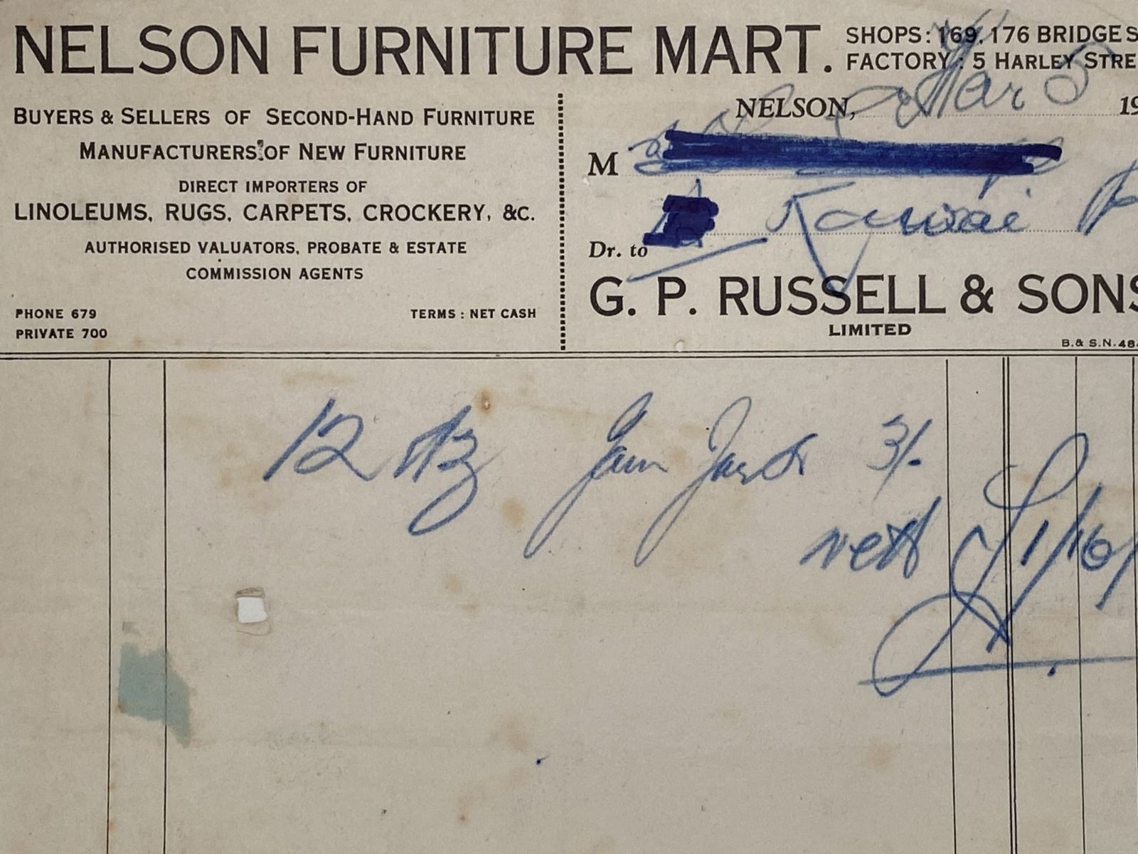 VINTAGE INVOICE: G. P. Russell & Sons Ltd, Nelson 1943