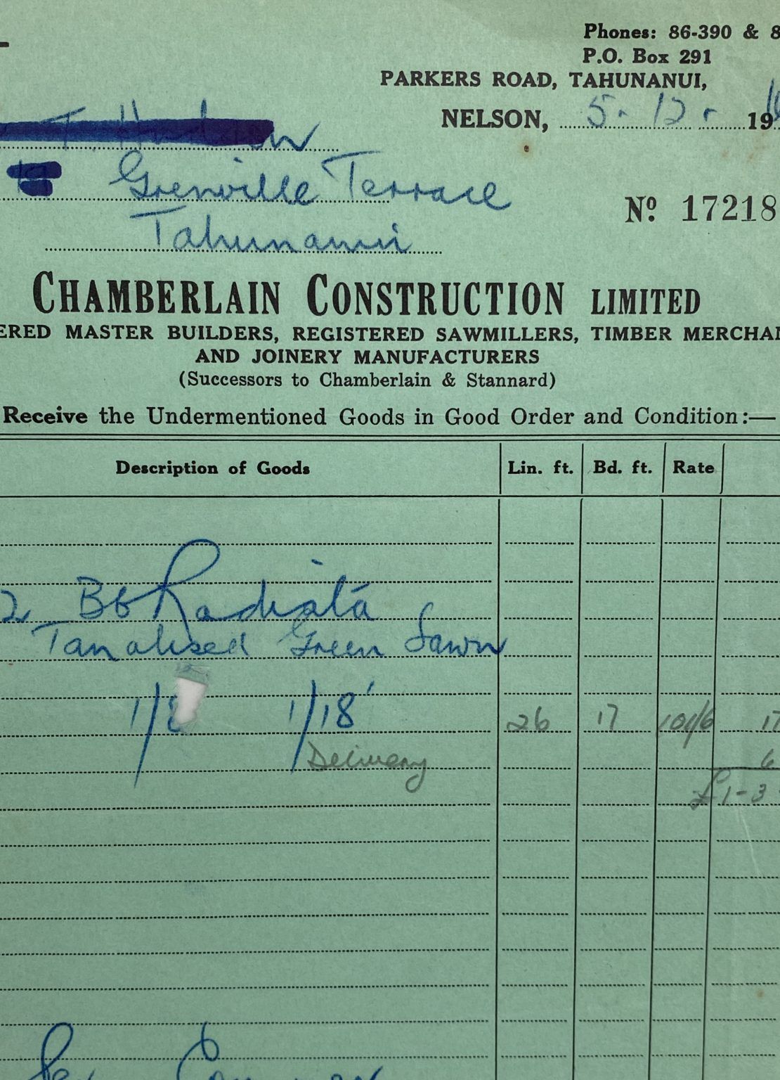 VINTAGE INVOICE: Chamberlain Construction Ltd, Nelson 1966