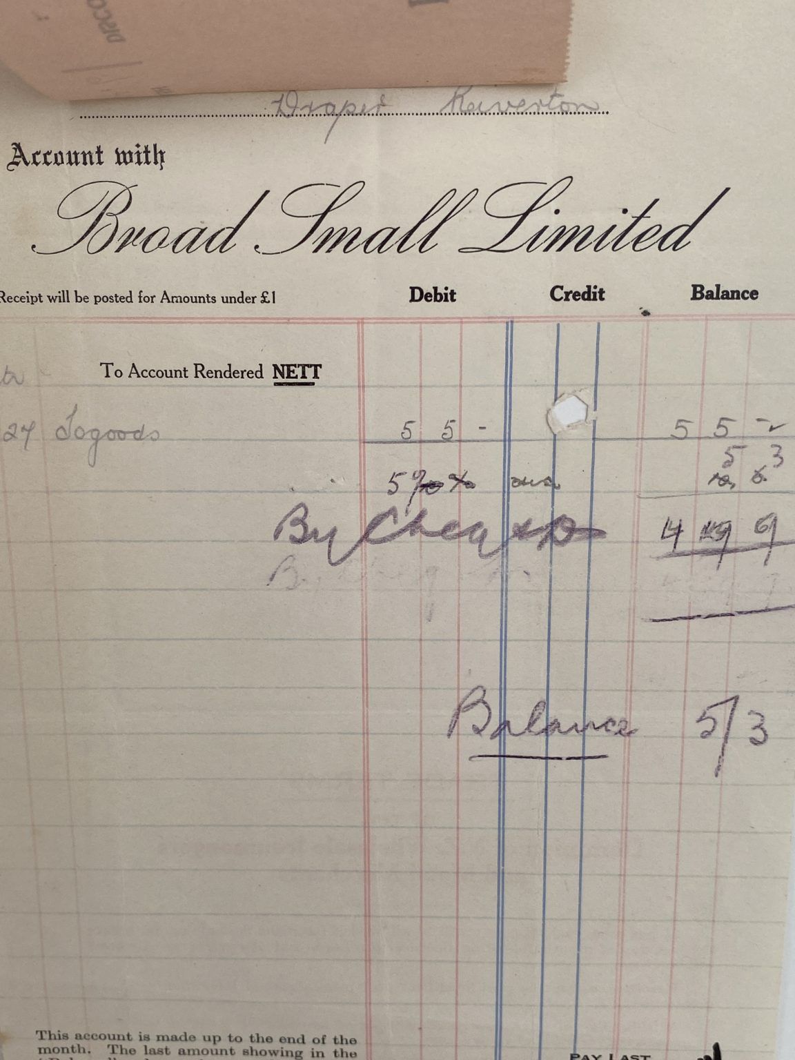 VINTAGE INVOICE: Broad Small Limited, Invercargill 1934