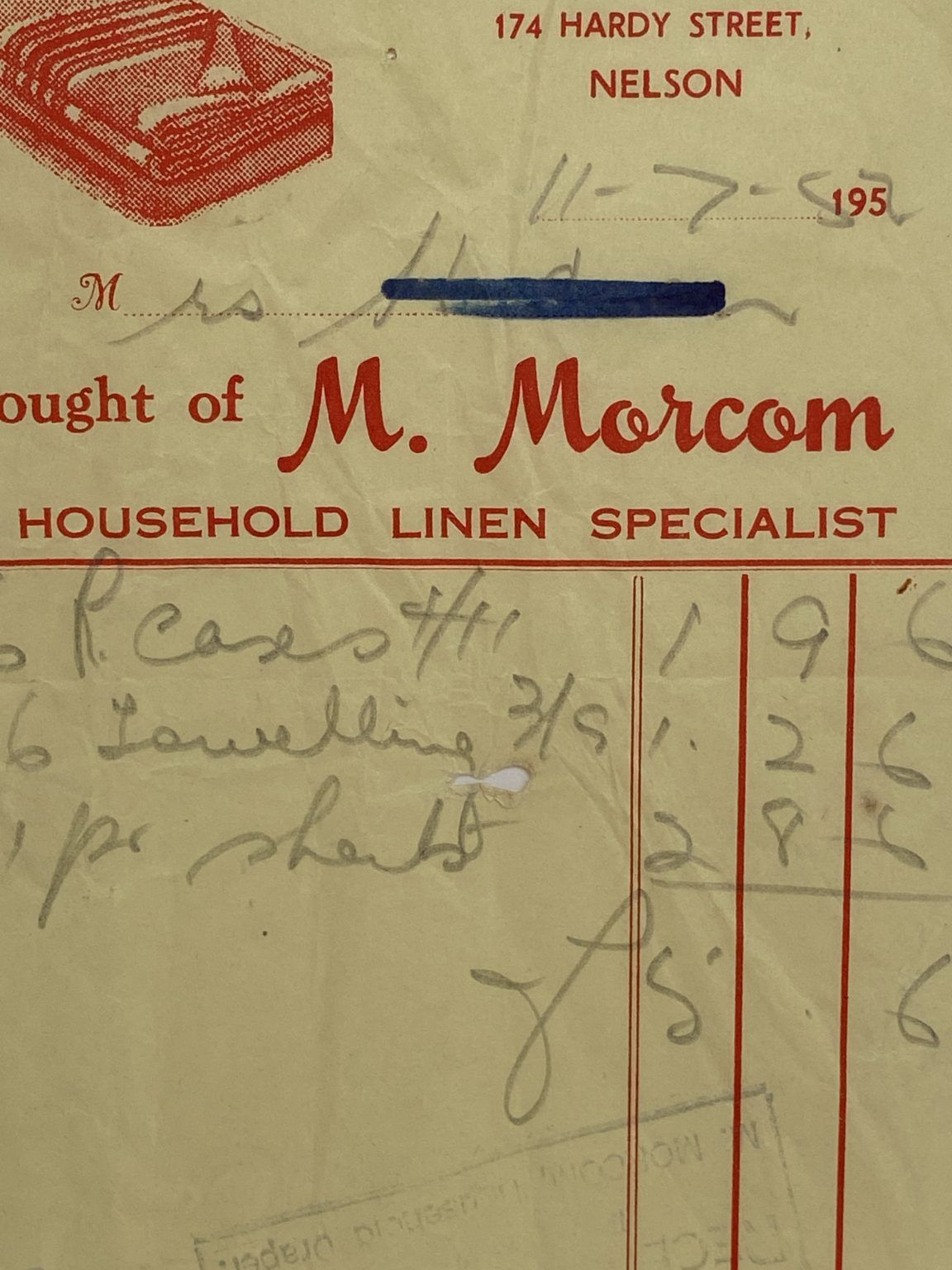 VINTAGE INVOICE: M. Morcom, Nelson - Household Linen Specialist 1952