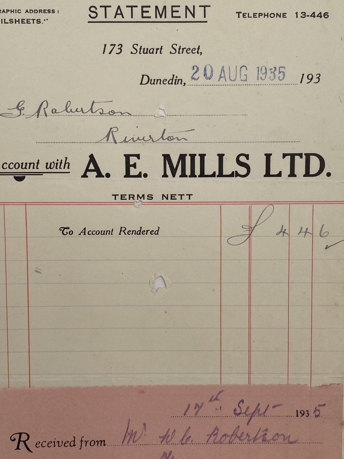 VINTAGE INVOICE: A.E. Mills Ltd, Dunedin 1935