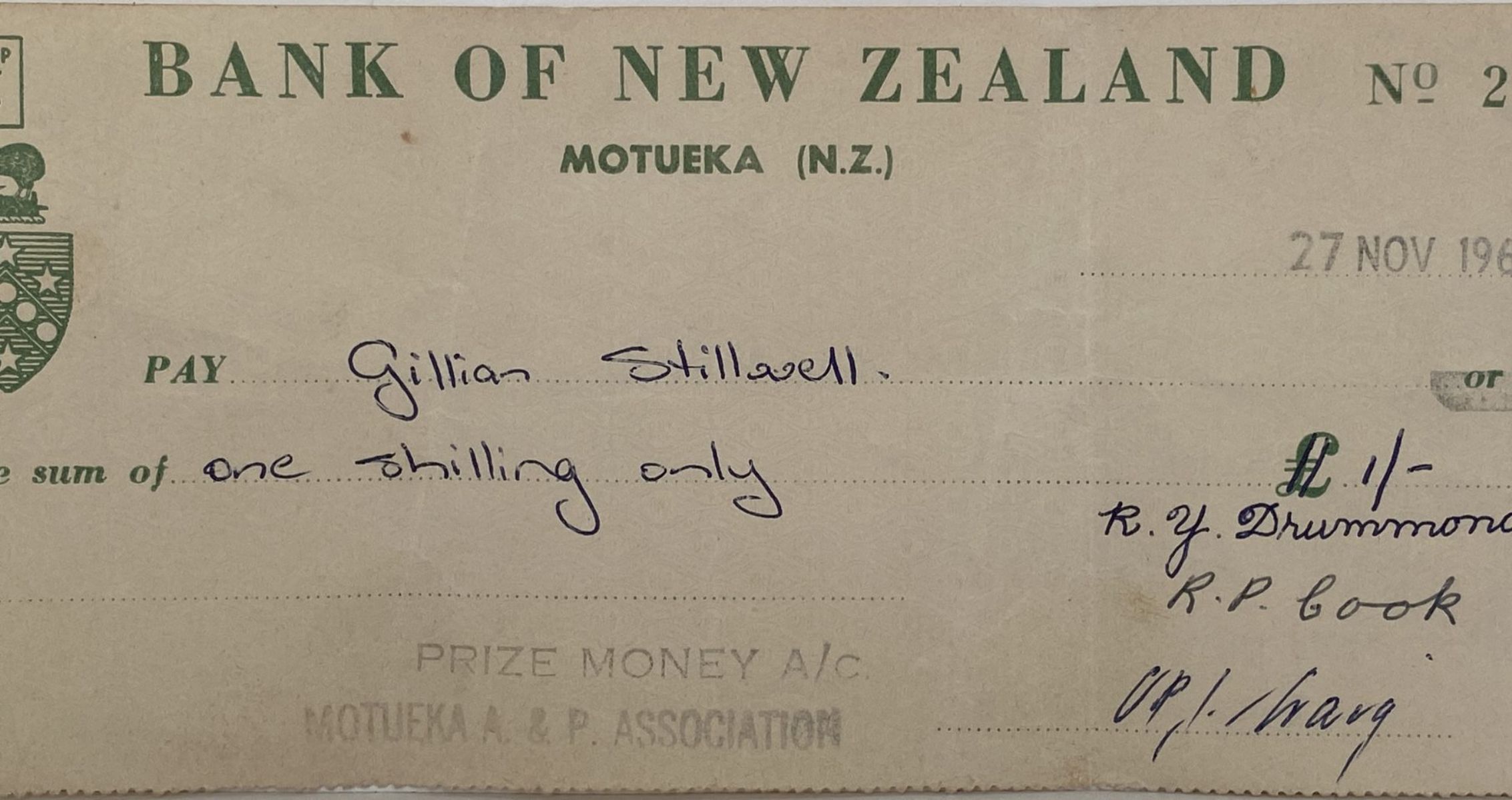 OLD BANKING MEMORABILIA: Bank cheque issued by BNZ Bank, Motueka 1961