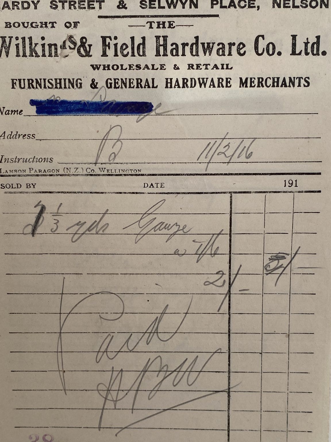 ANTIQUE INVOICE: Wilkins & Field Hardware Co Ltd, Nelson 1916