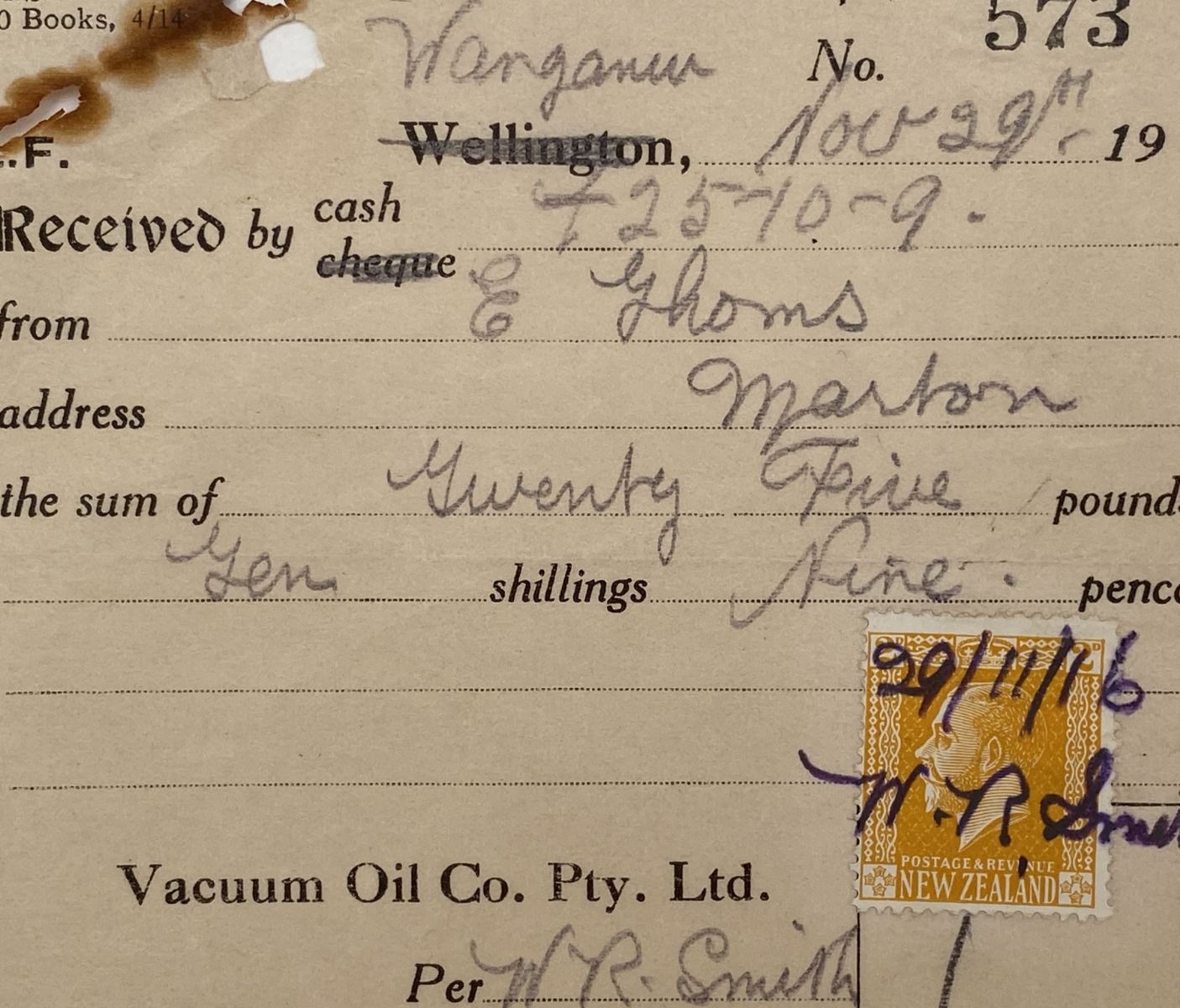 ANTIQUE INVOICE: Vacuum Oil Pty Ltd, Wanganui 1916