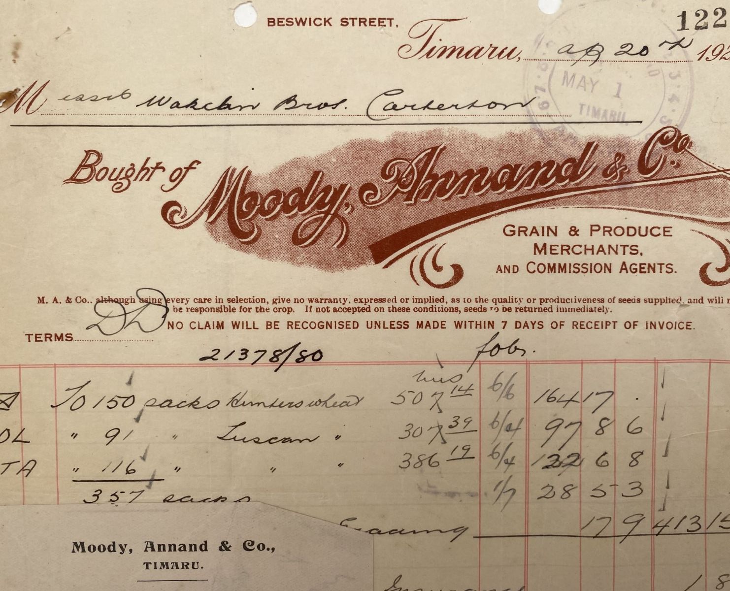 ANTIQUE INVOICE: Moody Annand & Co, Dunedin - Grain & Produce Merchants 1925