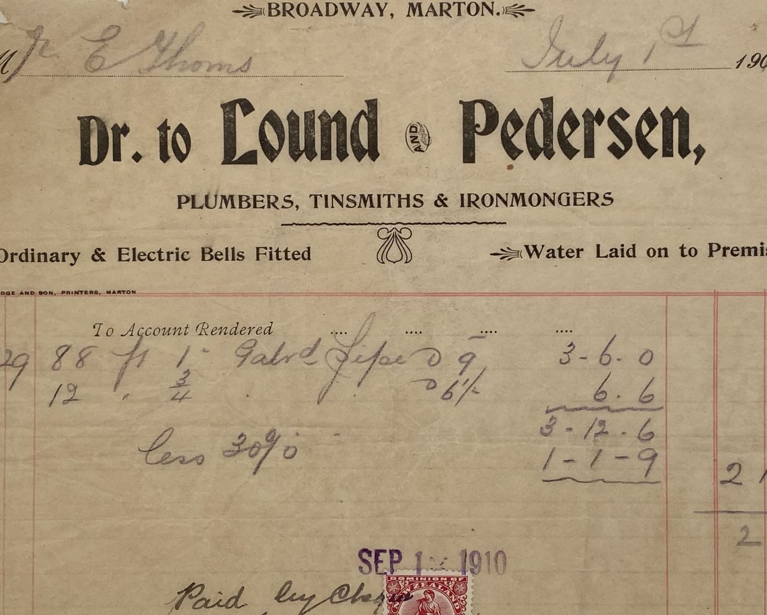 ANTIQUE INVOICE: Lound & Pedersen, Marton - Plumbers, Tinsmiths 1910