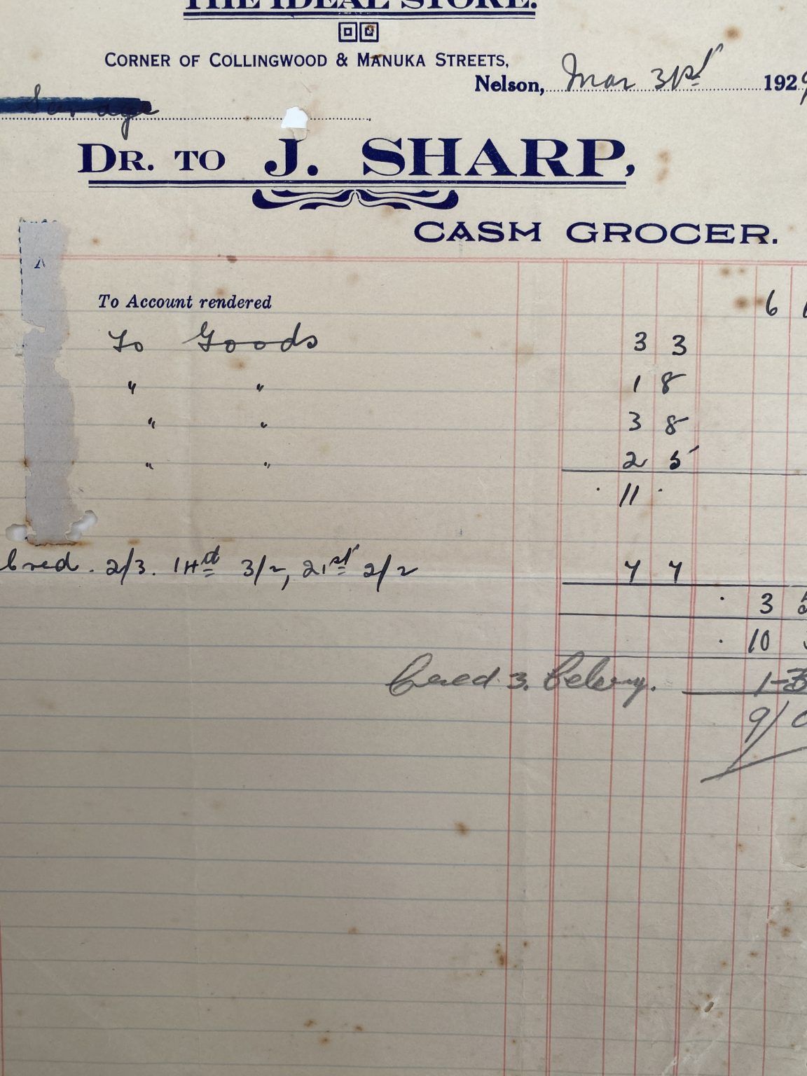 ANTIQUE INVOICE: J. Sharp, Nelson - Cash Grocer 1929