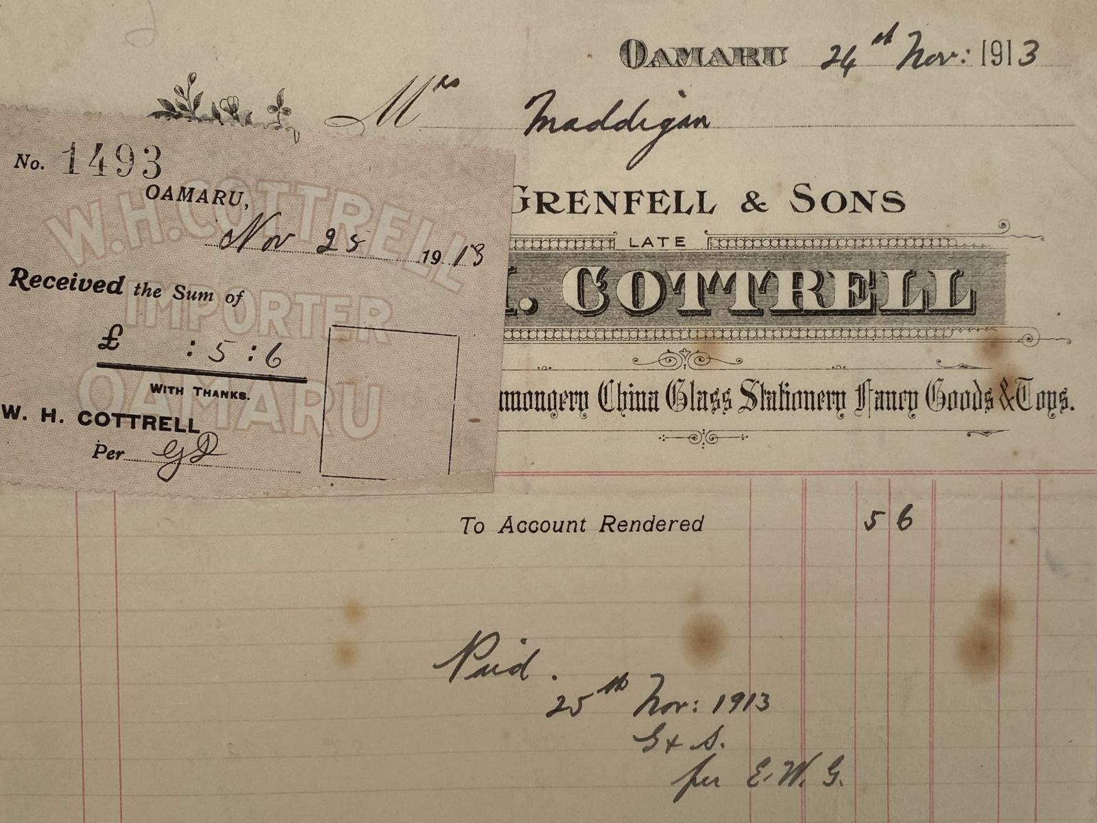 ANTIQUE INVOICE: Grenfell & Sons, (W.H. Cottrell), Oamaru 1913