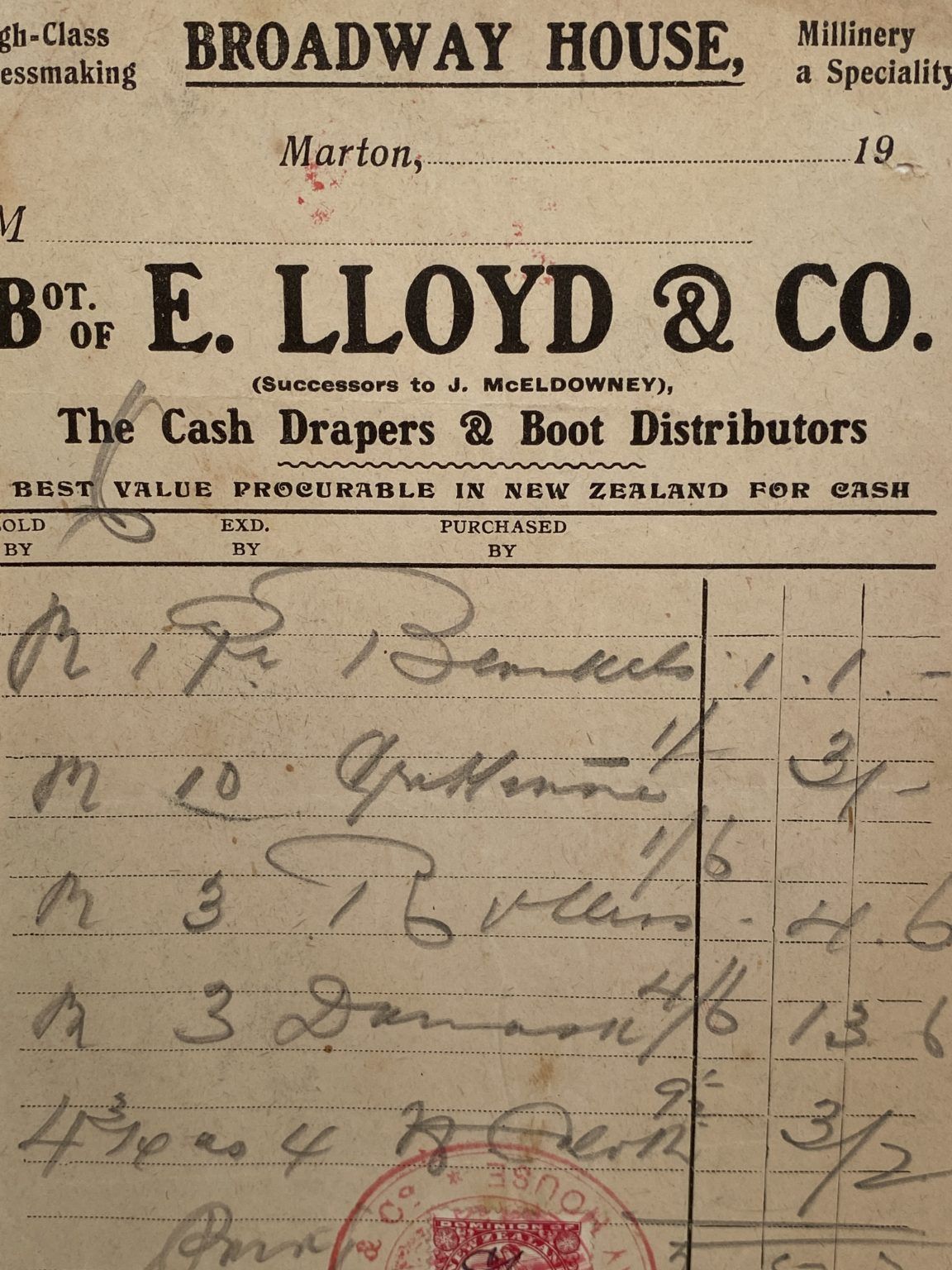 ANTIQUE INVOICE: E. Lloyd & Co, Marton - Drapers & Boot Distributors 1900s