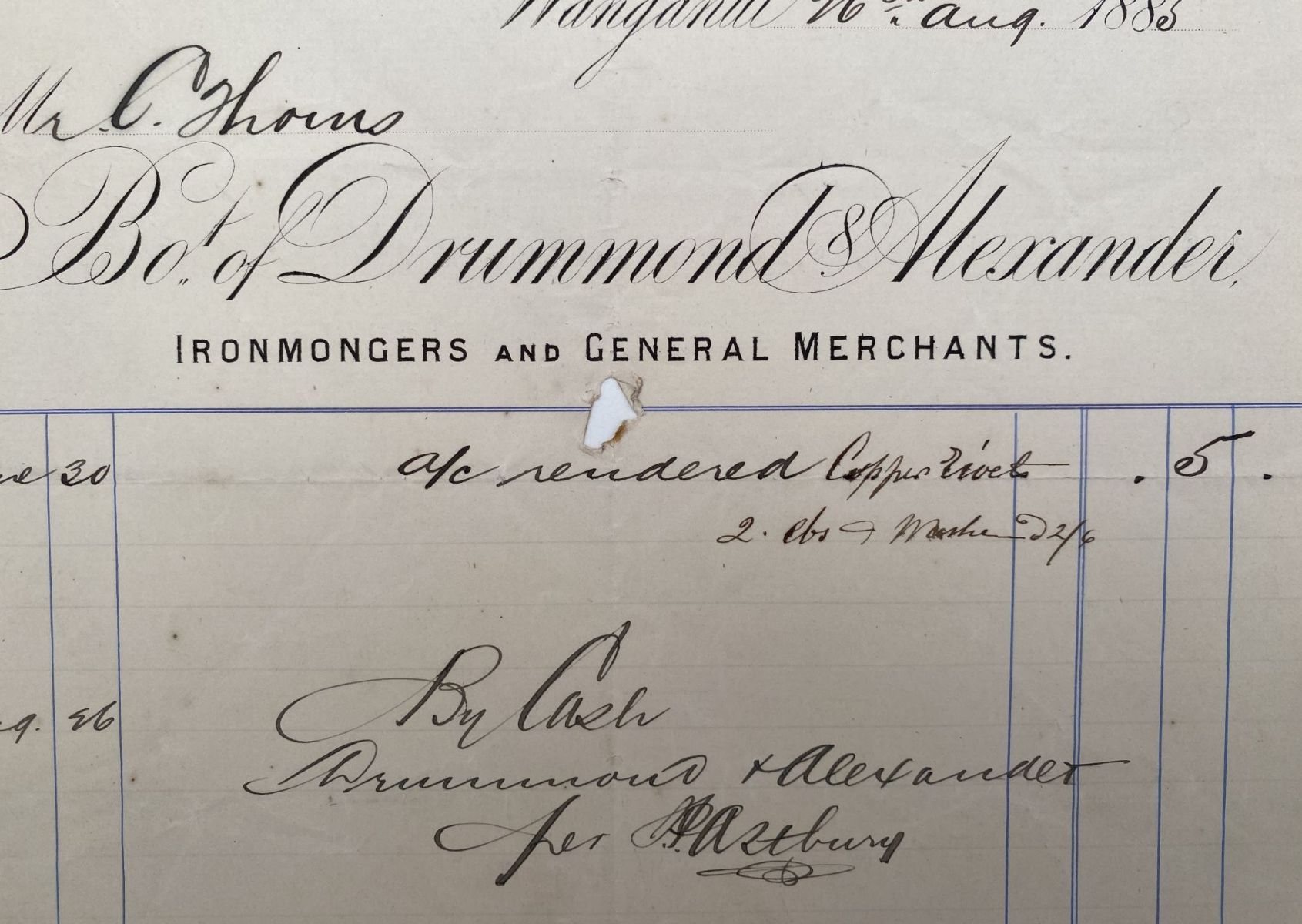 ANTIQUE INVOICE: Drummond & Alexander, Wanganui – Ironmongers 1885