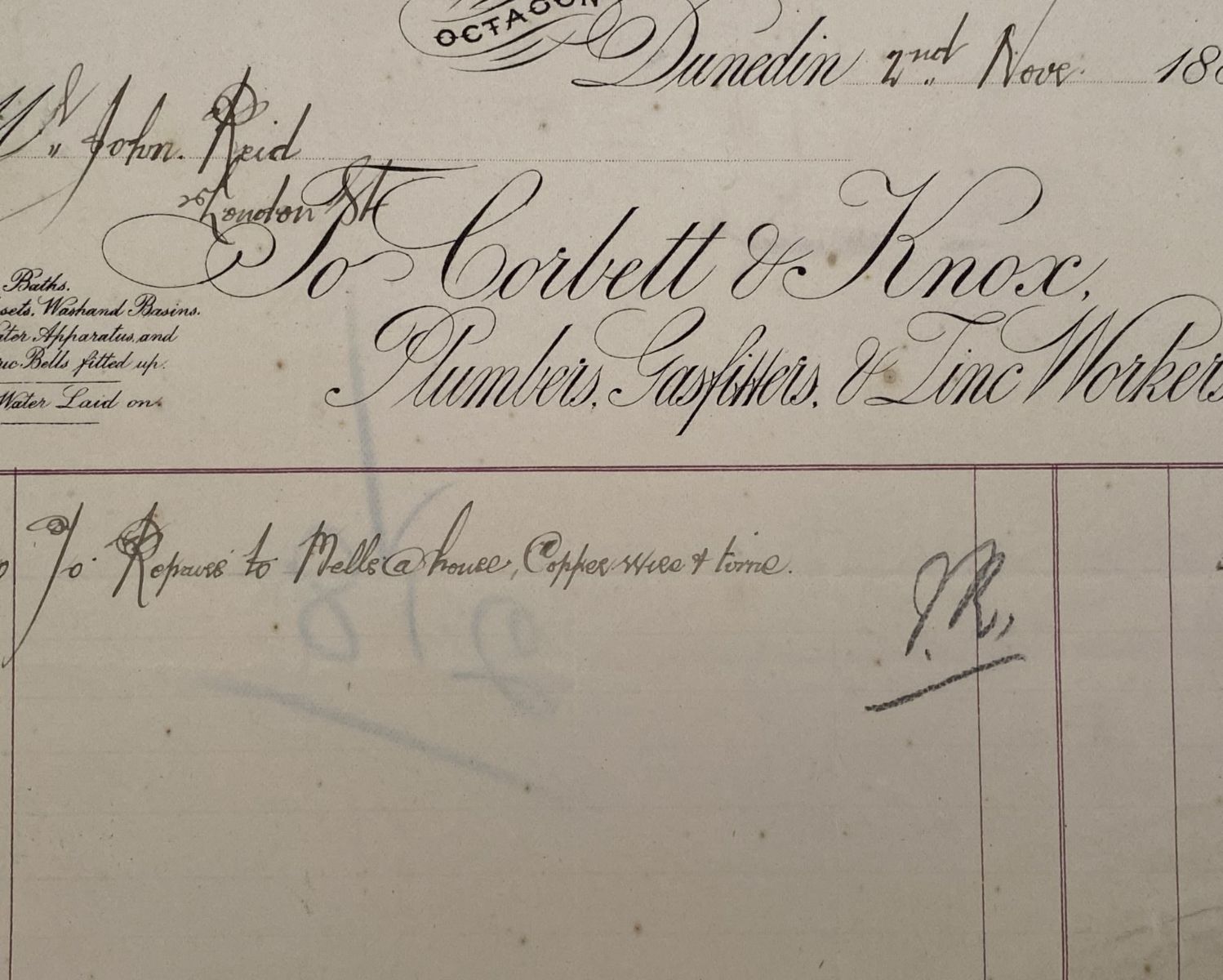 ANTIQUE INVOICE: Corbett & Knox, Dunedin - Plumbers and Gasfitters 1885