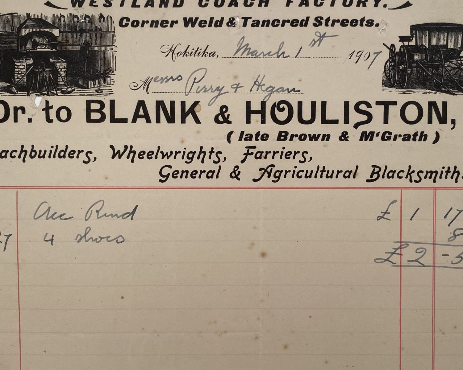 ANTIQUE INVOICE: Blank & Houliston, Hokitika - Westland Coach Factory 1907