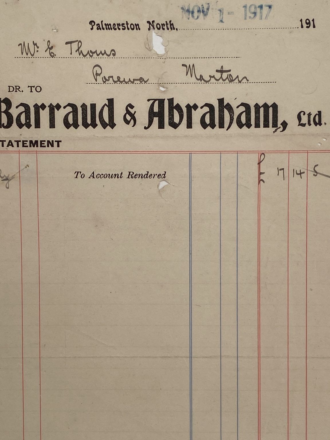 ANTIQUE INVOICE: Barraud & Abraham Ltd 1917