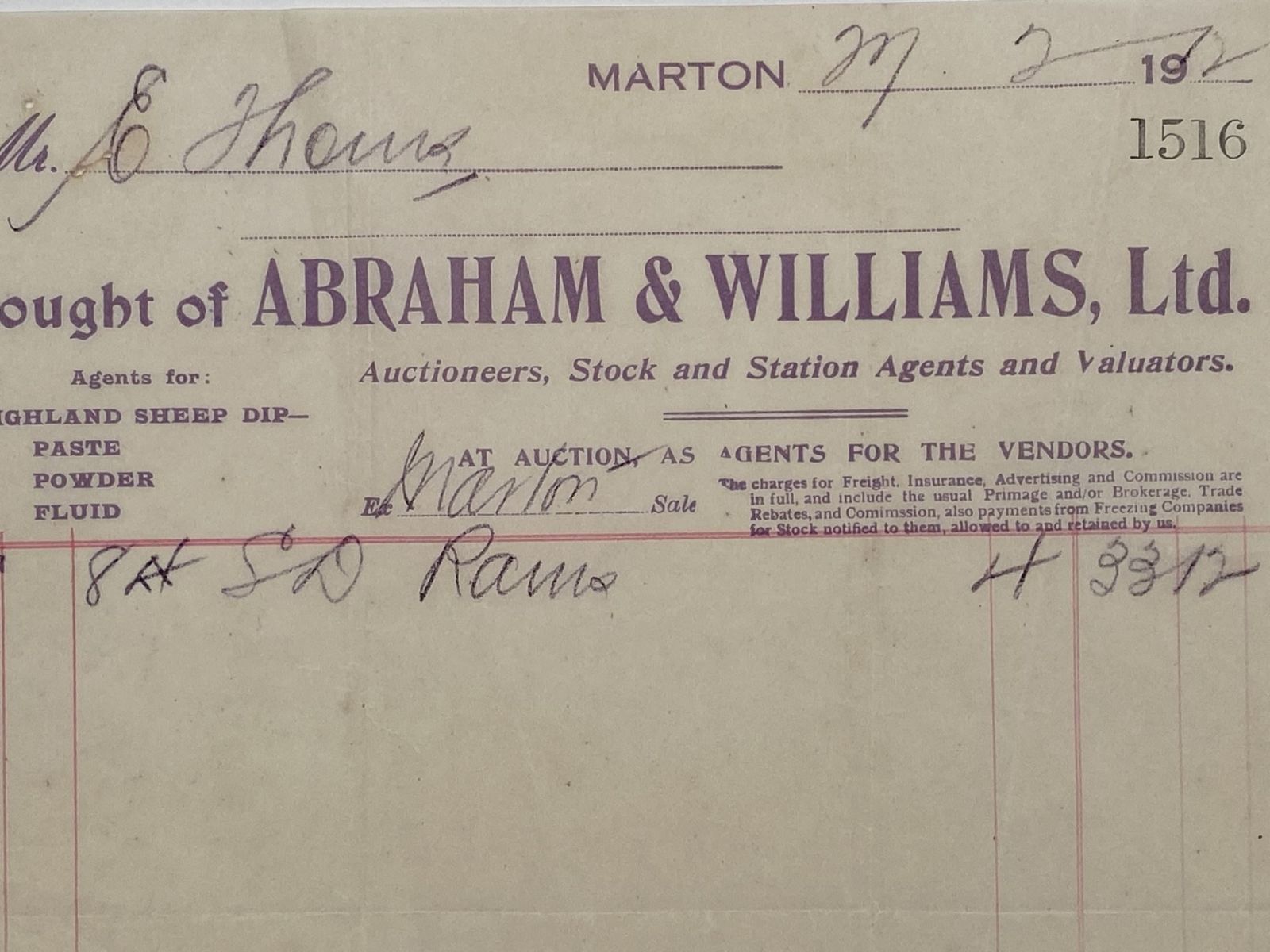 ANTIQUE INVOICE: Abraham & Williams Ltd - Auctioneers & Valuers 1911