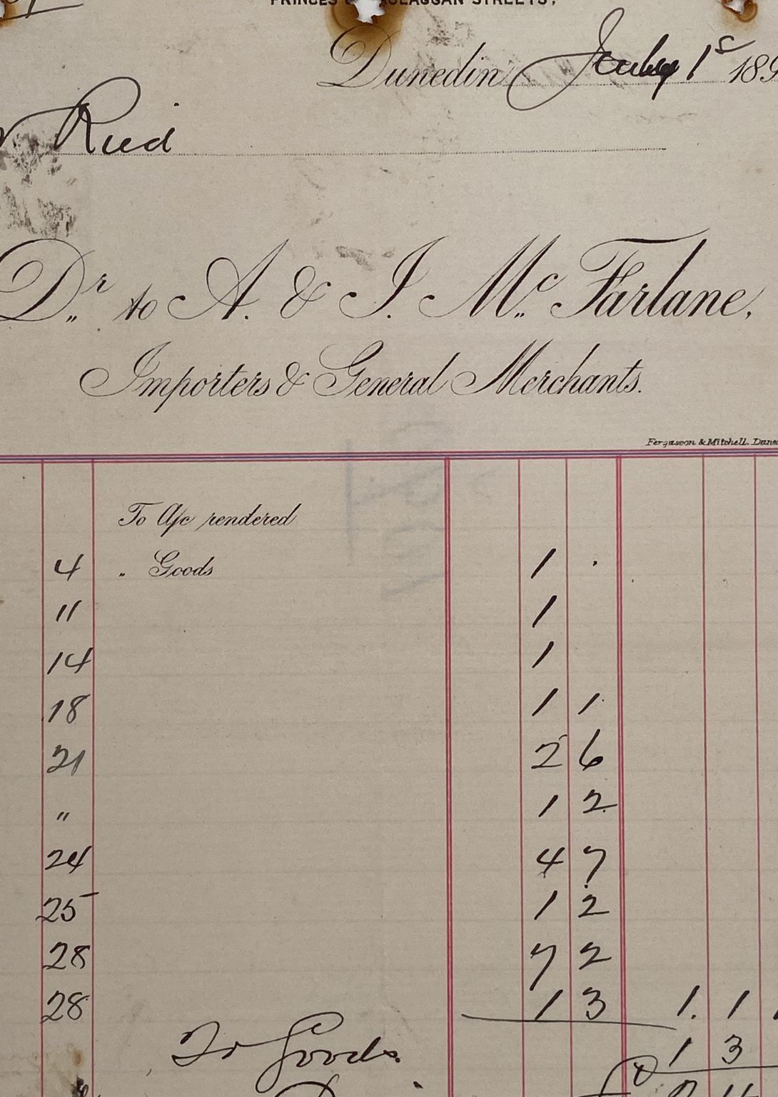 ANTIQUE INVOICE: A & J McFarlane, Dunedin - Importers & Merchants 1895