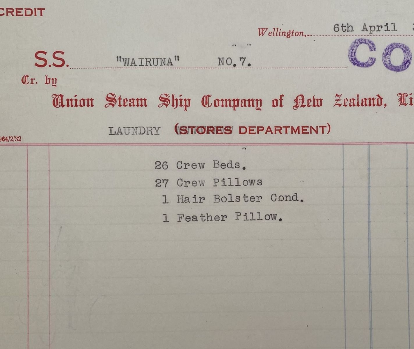 VINTAGE STORES NOTE: Union Steamship Company of New Zealand - S.S. Wairuna 1933