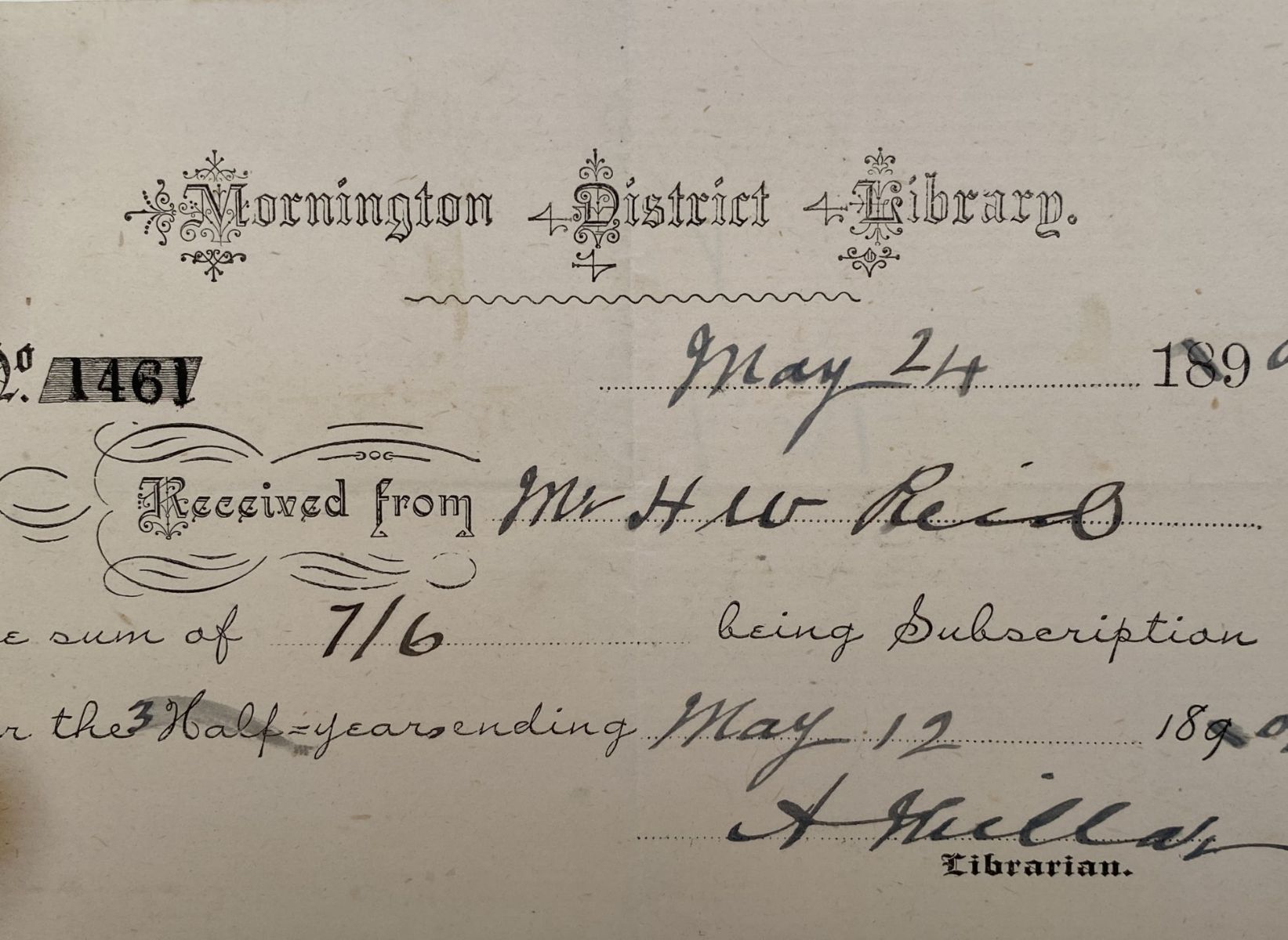 VINTAGE RECEIPT: Mornington District Library 1901