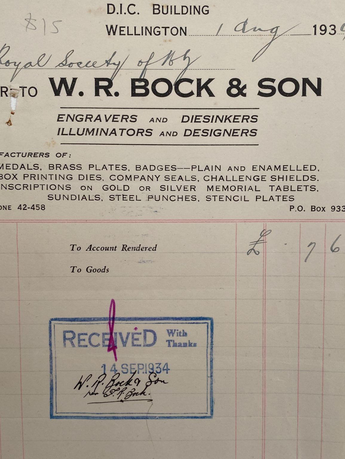 VINTAGE INVOICE: W. R. Bock & Son, Wellington – Engravers and Diesinkers 1934