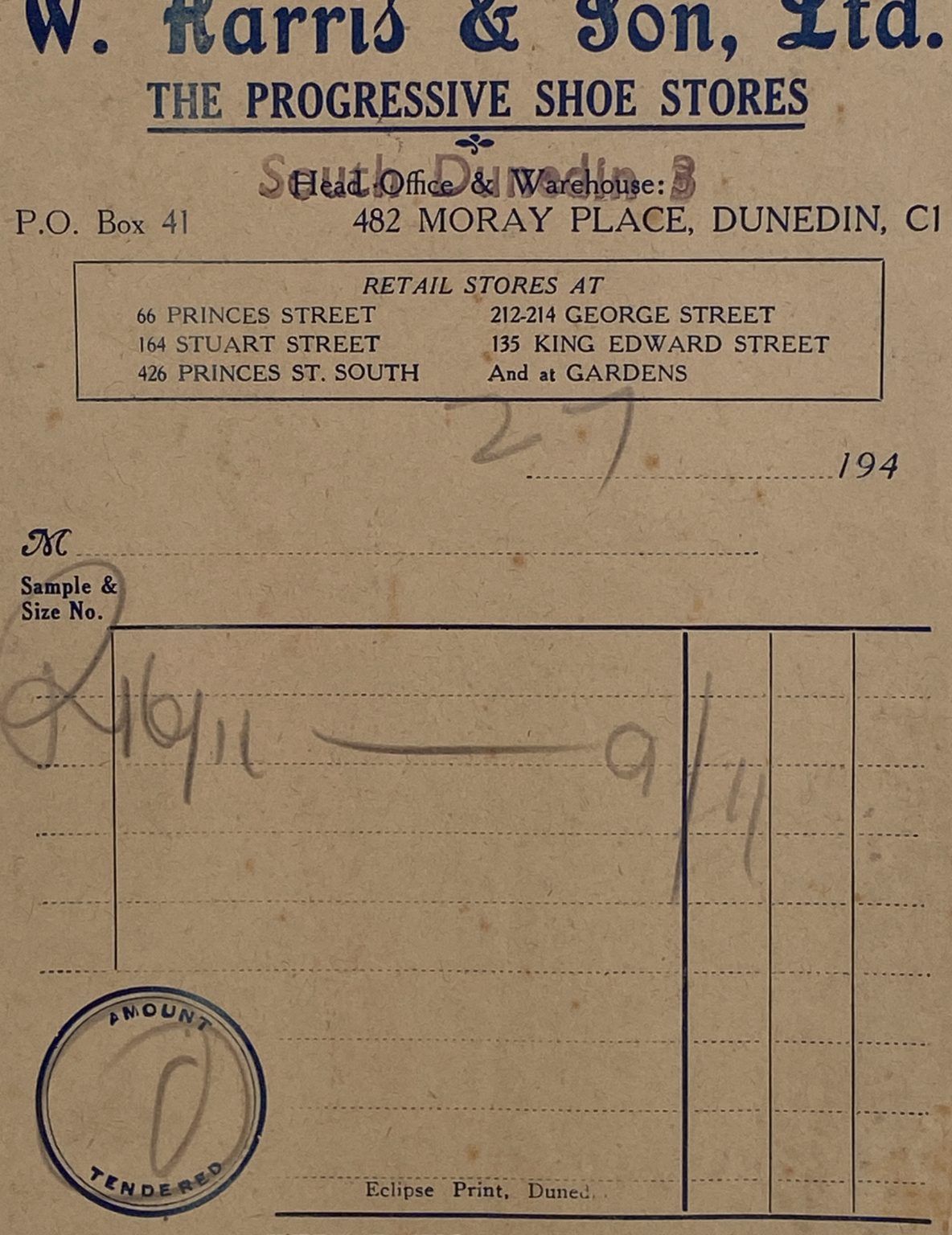 VINTAGE INVOICE: W. Harris & Son Ltd, Dunedin – The Progressive Shoe Stores 1940