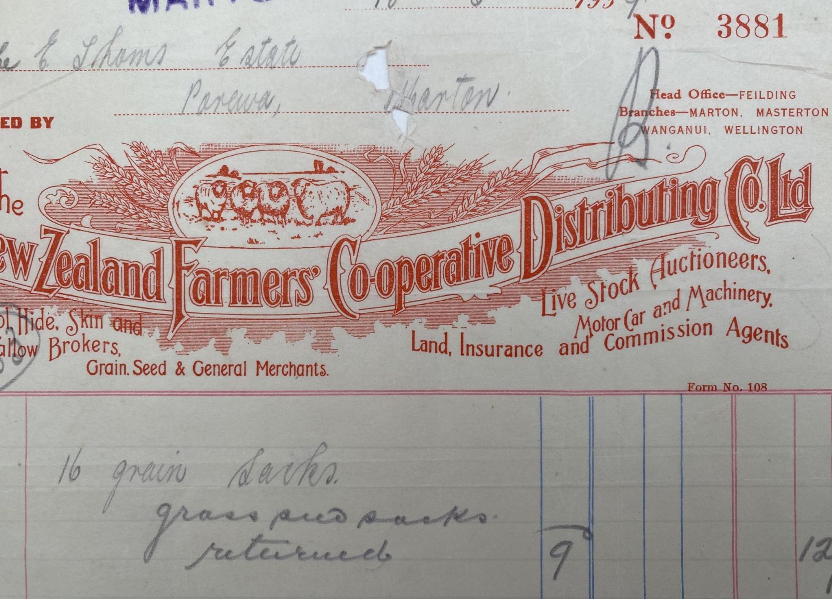 VINTAGE INVOICE: The New Zealand Farmers Co-operative Distributing Co. Ltd. 1939