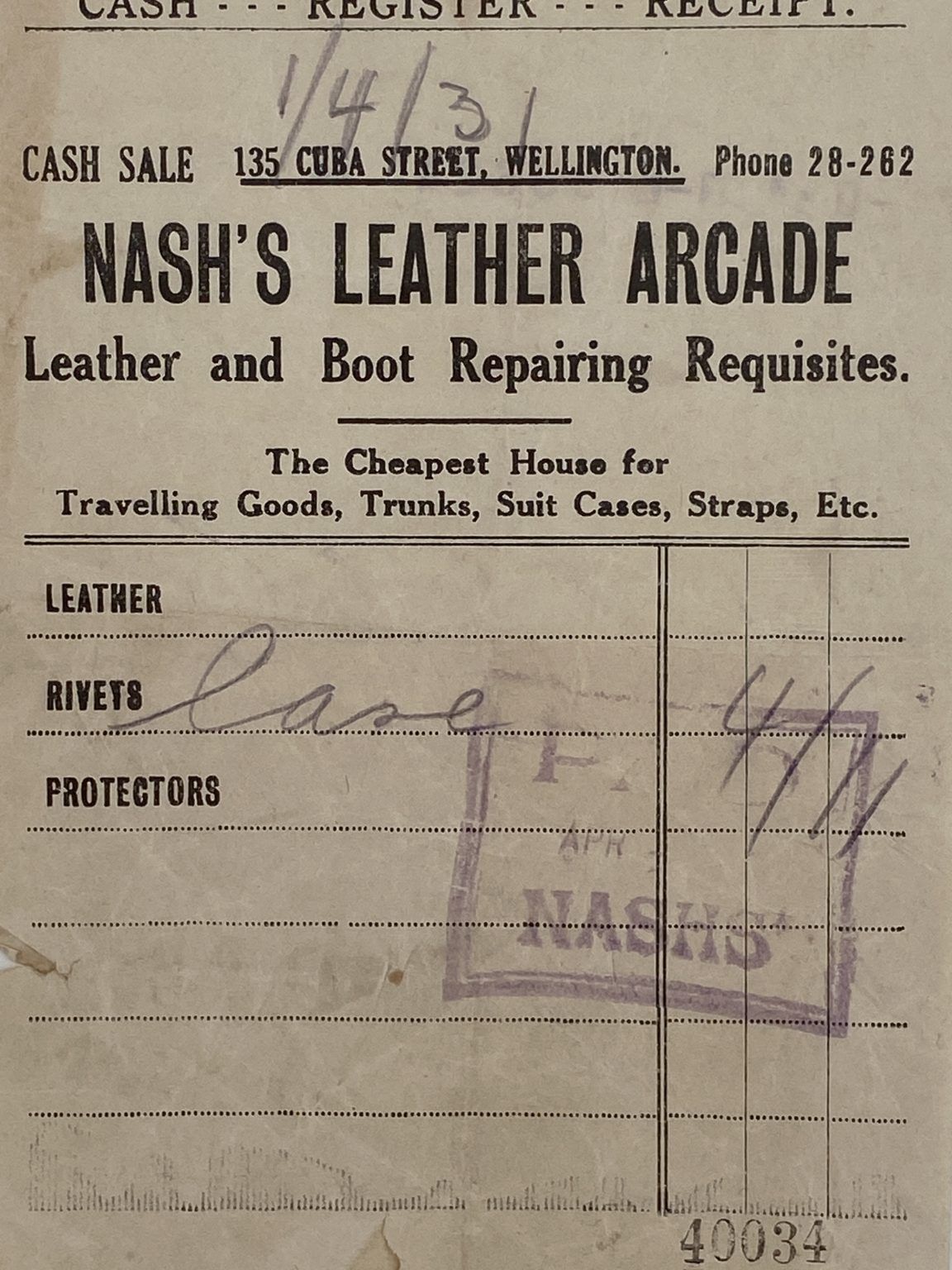 VINTAGE INVOICE: Nash’s Leather Arcade, Wellington – Leather & Boot Repairs 1931