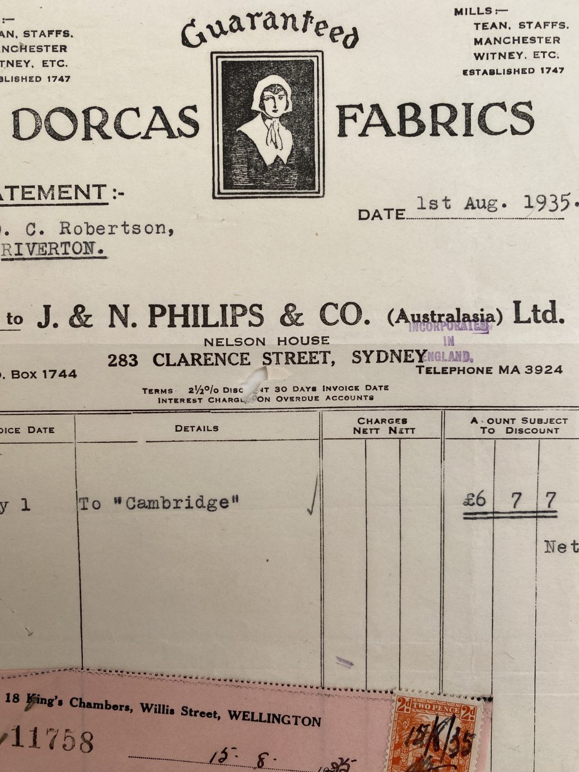 VINTAGE INVOICE: J. & N. Philips & Co. Ltd. Sydney - Dorcas Fabrics 1935