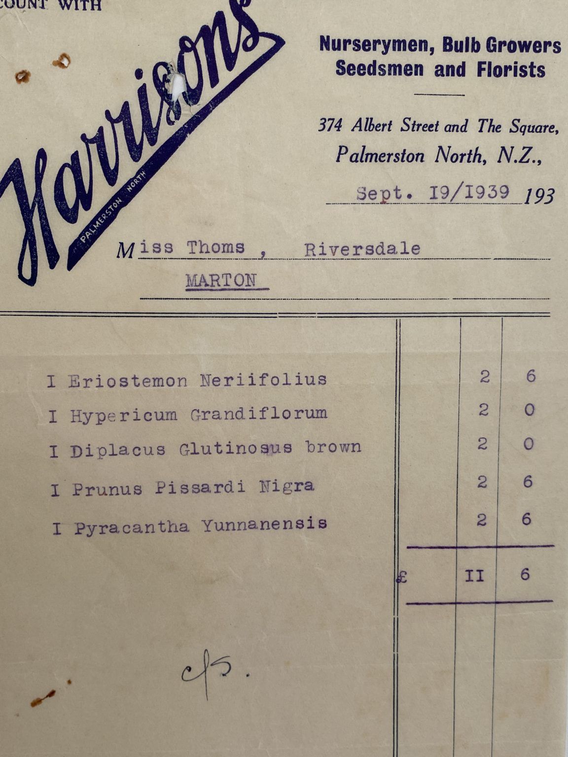 VINTAGE INVOICE: Harrisons, Palmerston North – Nurserymen, Seedsmen 1939