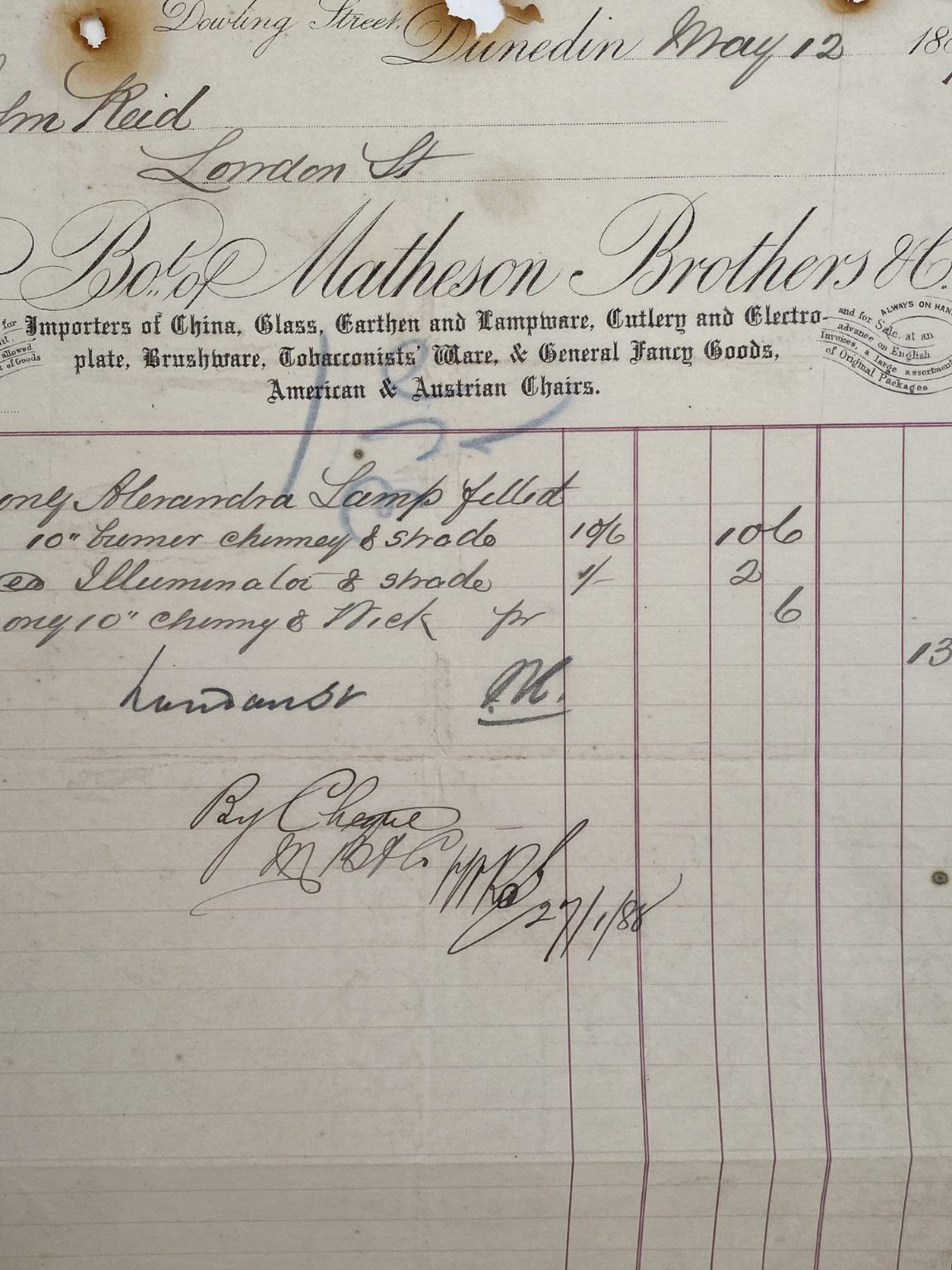 ANTIQUE INVOICE: Matheson Brothers & Co, Dunedin 1887