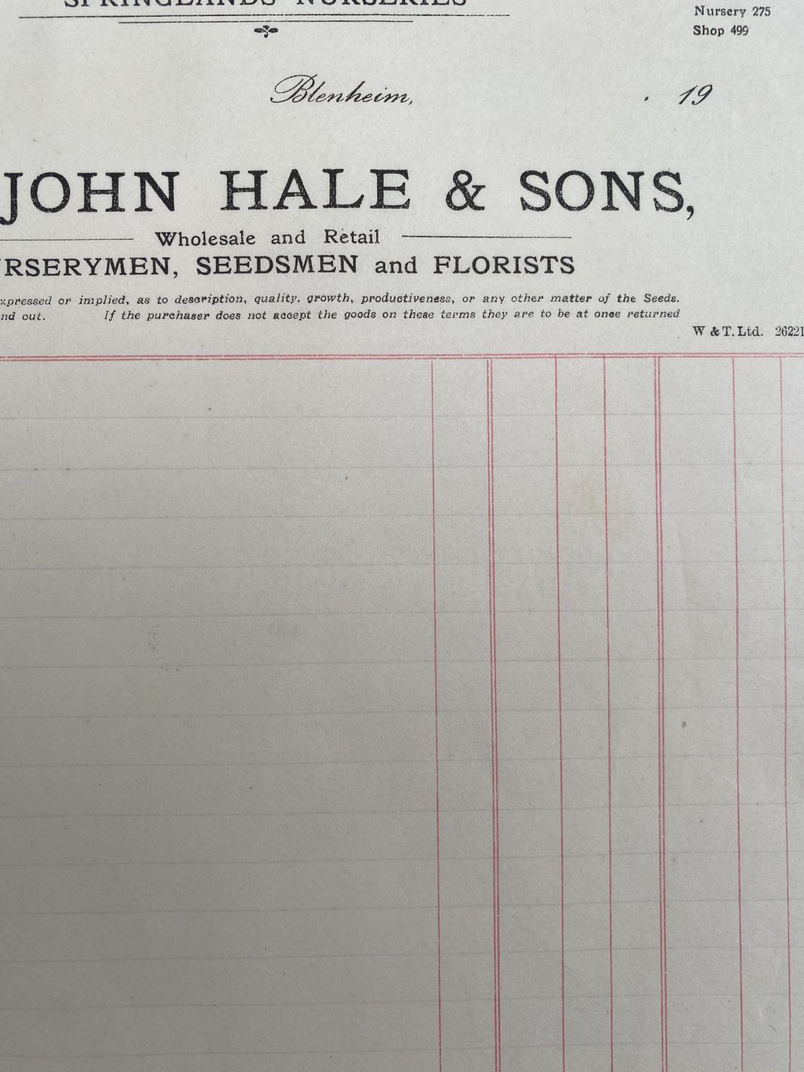 ANTIQUE INVOICE: John Hale & Sons, Blenheim