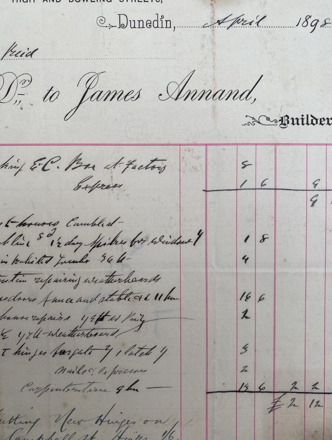 ANTIQUE INVOICE: James Annand, Dunedin - Builder 1898