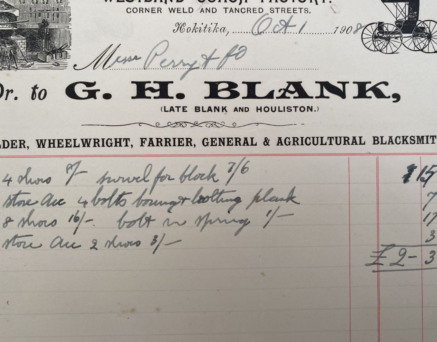 ANTIQUE INVOICE: G.H. Blank, Hokitika – Westland Coach Factory 1908