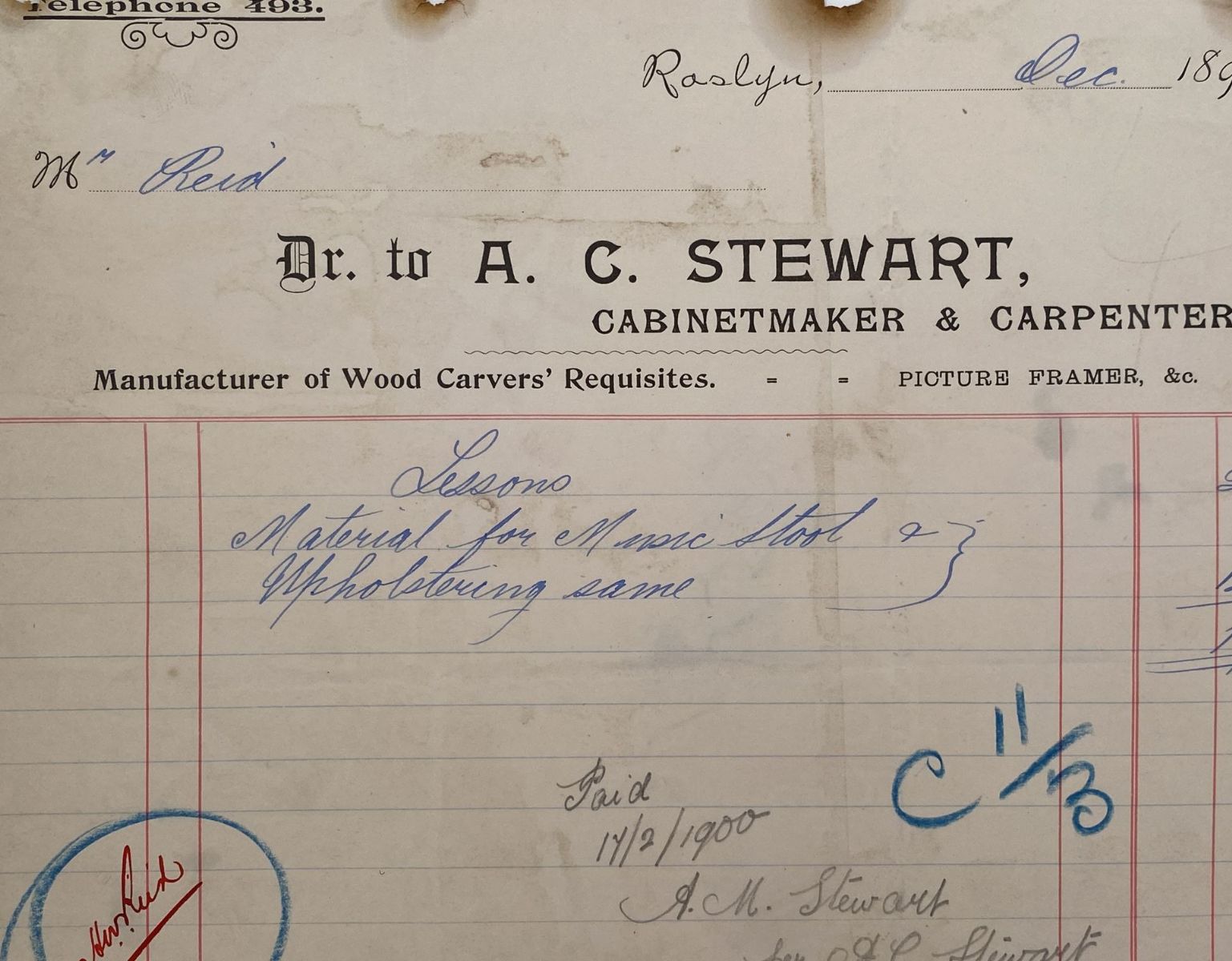 ANTIQUE INVOICE: A.C. Stewart, Raglan – Cabinetmaker & Upholsterer 1899