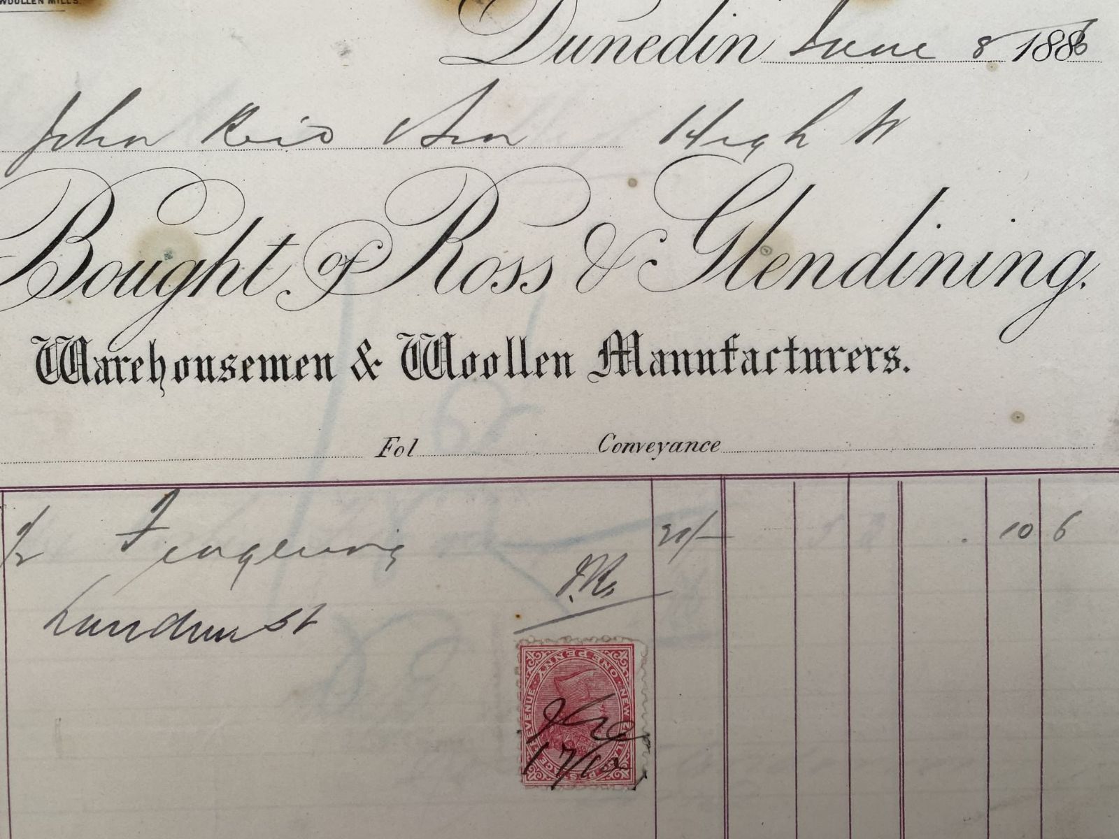 ANTIQUE INVOICE: Ross Glendining Ltd, Dunedin - Warehousemen & Woolens 1886