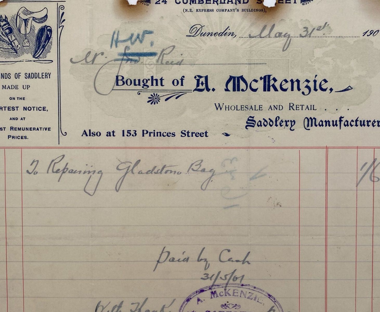 ANTIQUE INVOICE: A. McKenzie, Dunedin - Saddlery Manufacturer 1901