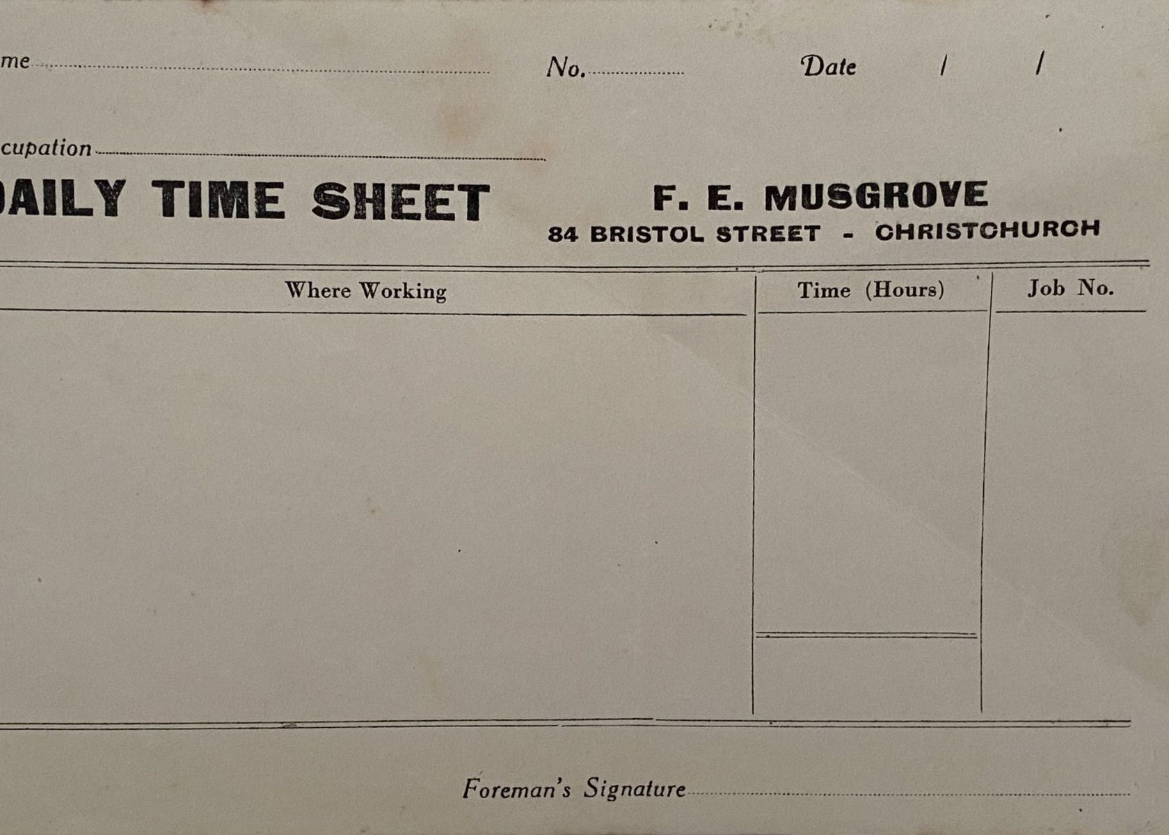 VINTAGE TIMESHEET: F. E. Musgrove, Christchurch